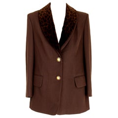 Vintage Givenchy Brown Wool Neck Leopard Long Evening Jacket 1990s