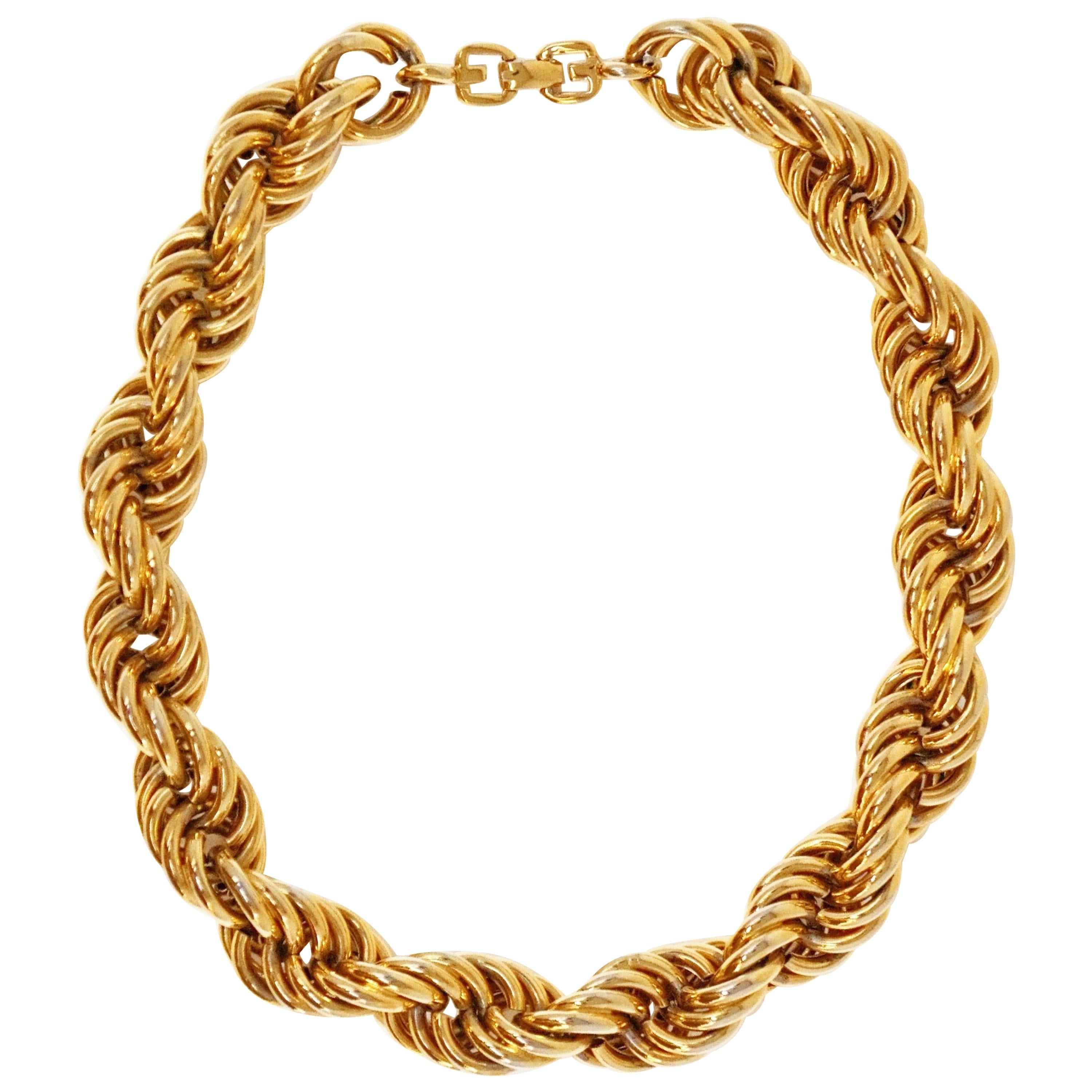 1980s Givenchy Chunky Gold Rope Chain Statement Necklace with G Logo Clasp