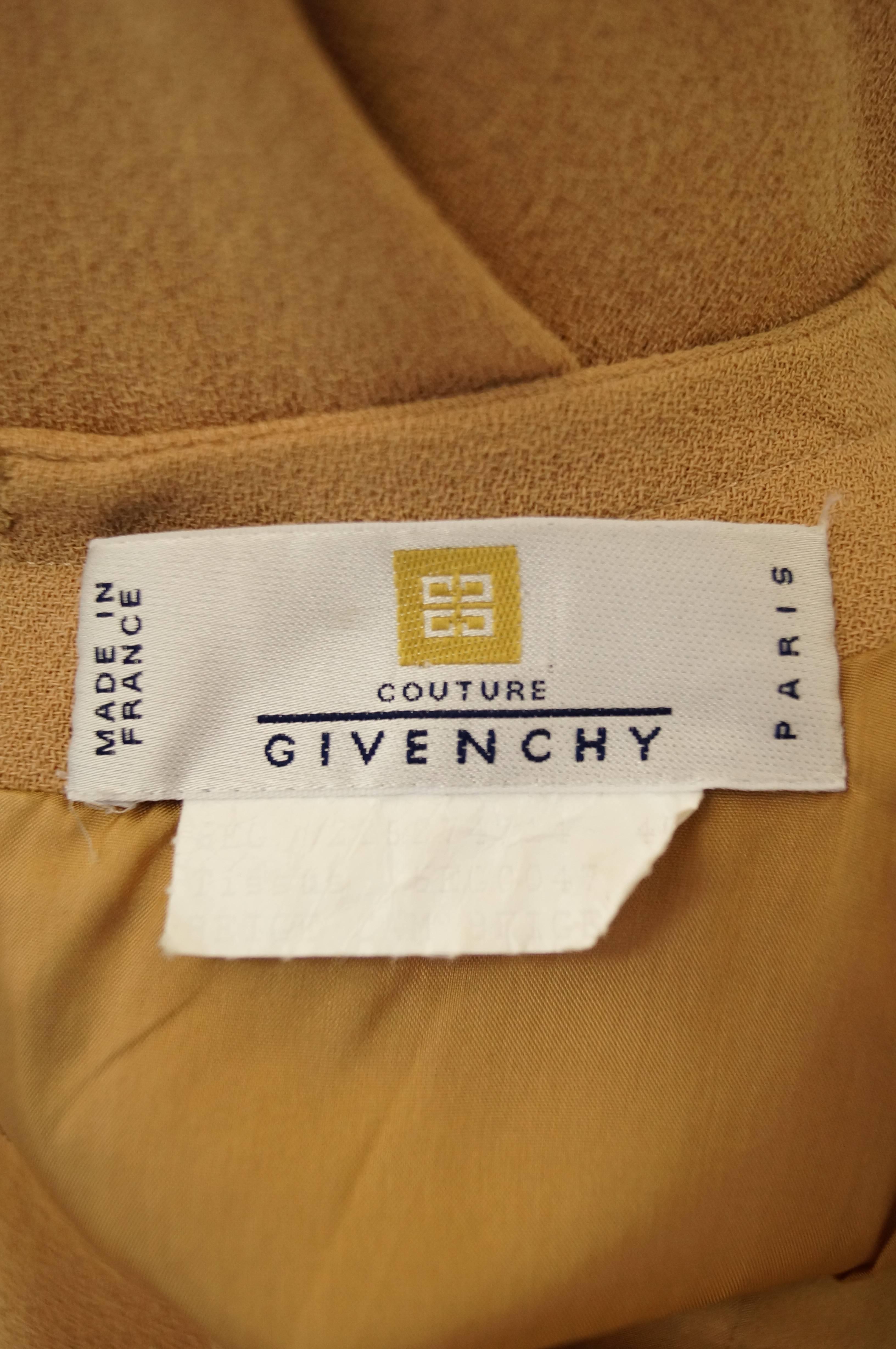 1980s Givenchy Couture Camel Wool Shift Dress w/ Gold Button and Pocket Detail 6