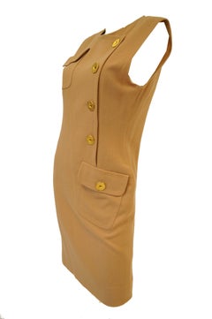 1980s Givenchy Couture Camel Wool Shift Dress w/ Gold Button and Pocket Detail