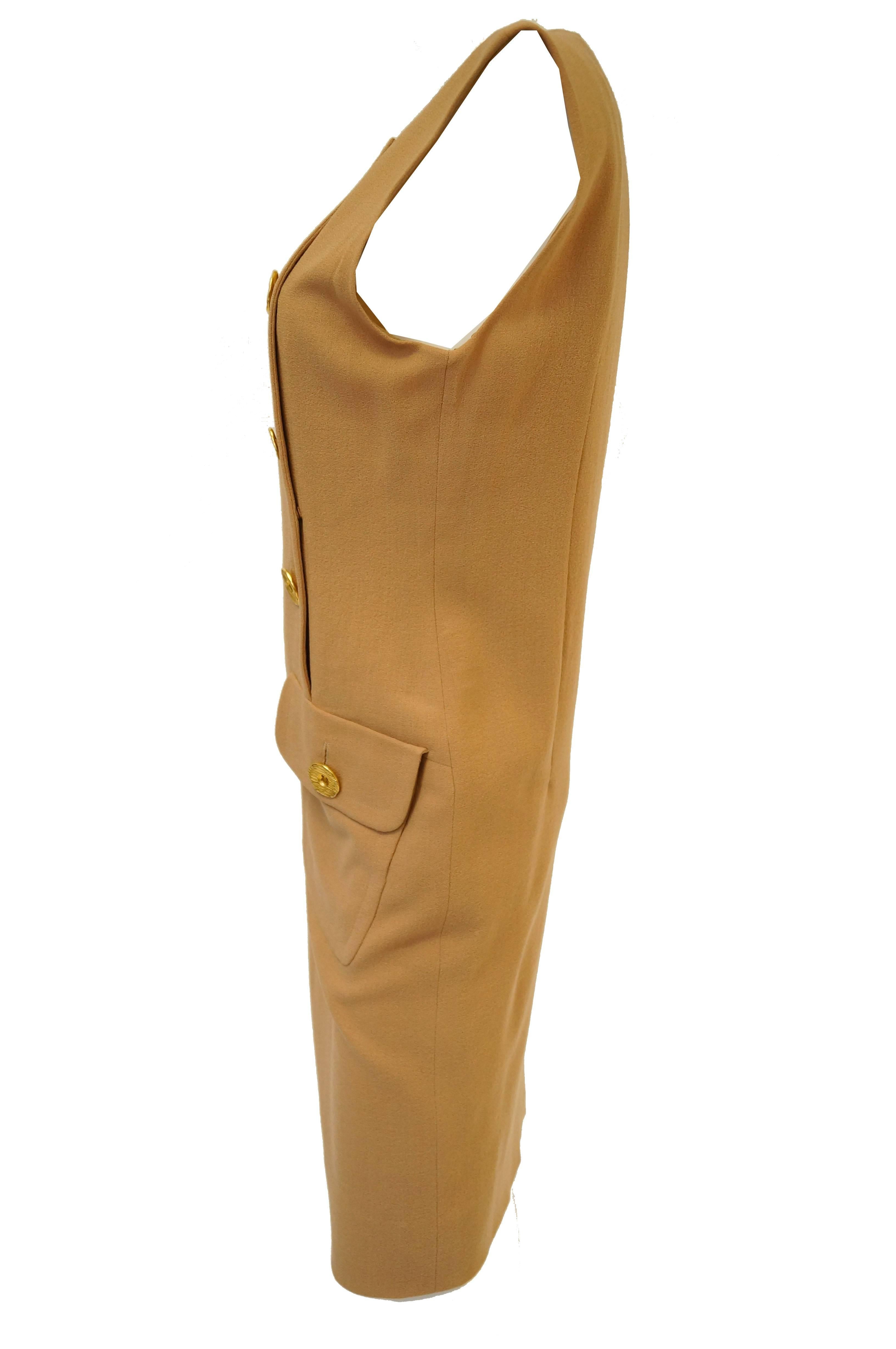 Women's 1980s Givenchy Couture Camel Wool Shift Dress w/ Gold Button and Pocket Detail