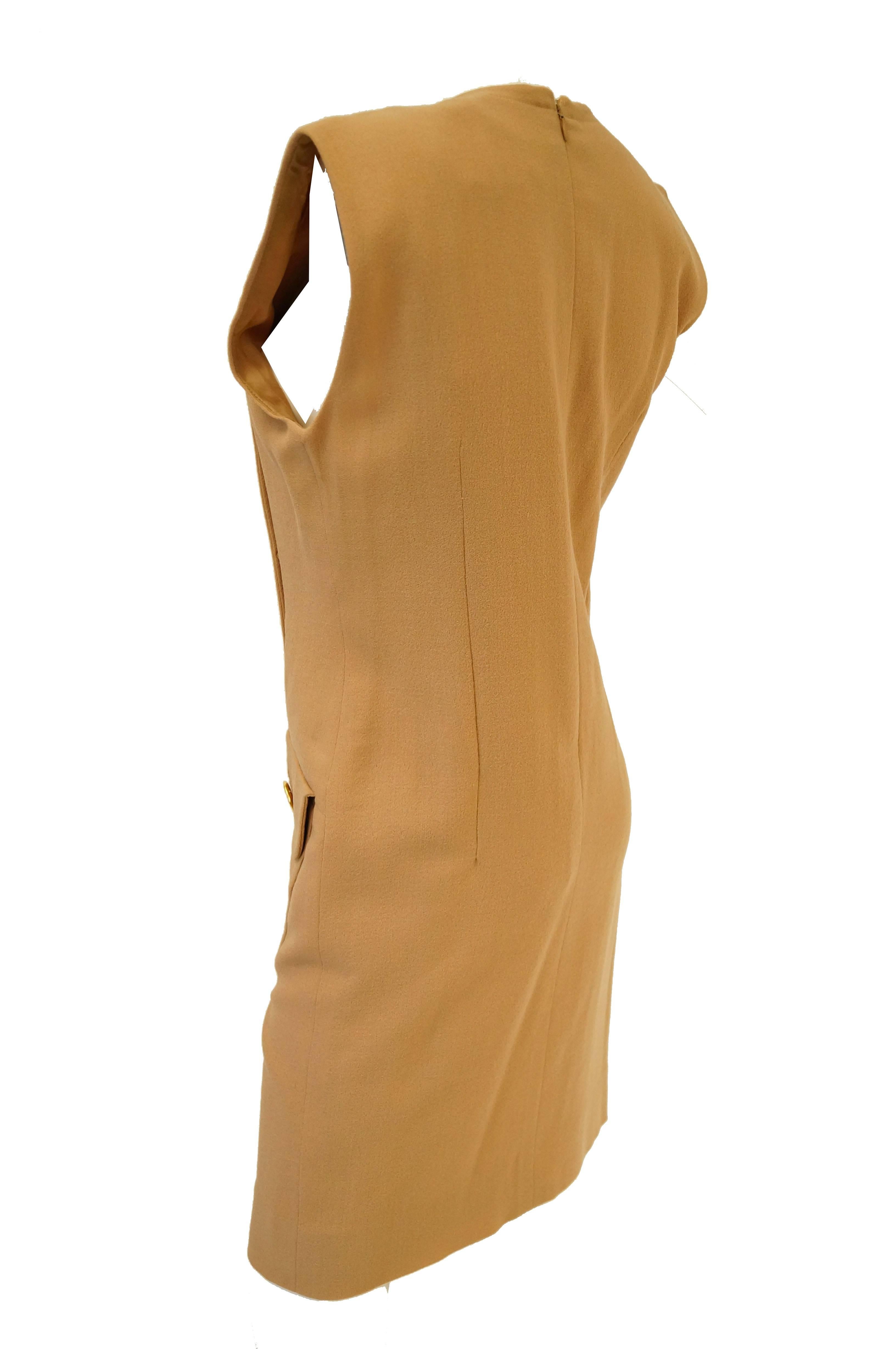 1980s Givenchy Couture Camel Wool Shift Dress w/ Gold Button and Pocket Detail 1