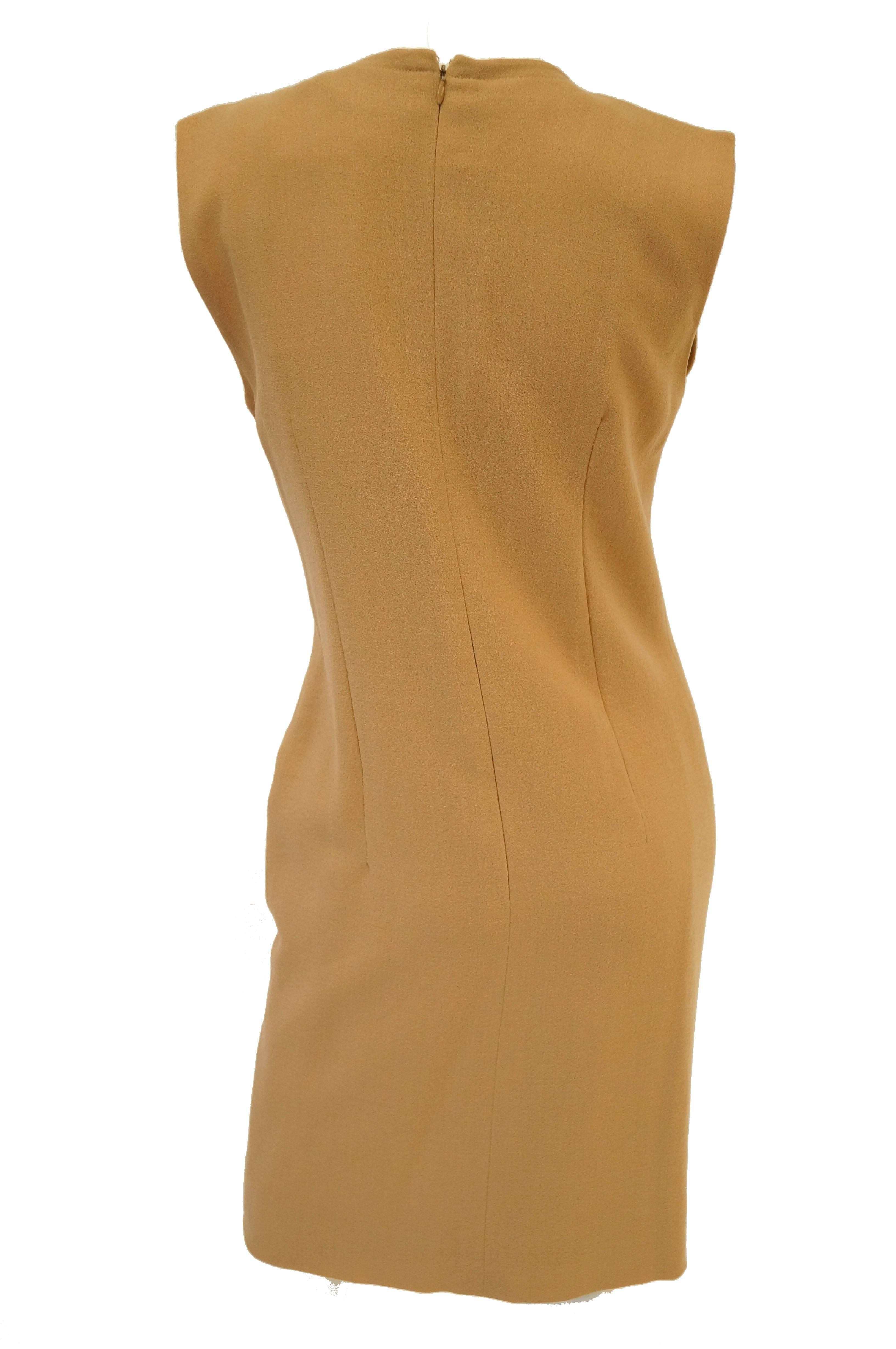 1980s Givenchy Couture Camel Wool Shift Dress w/ Gold Button and Pocket Detail 2