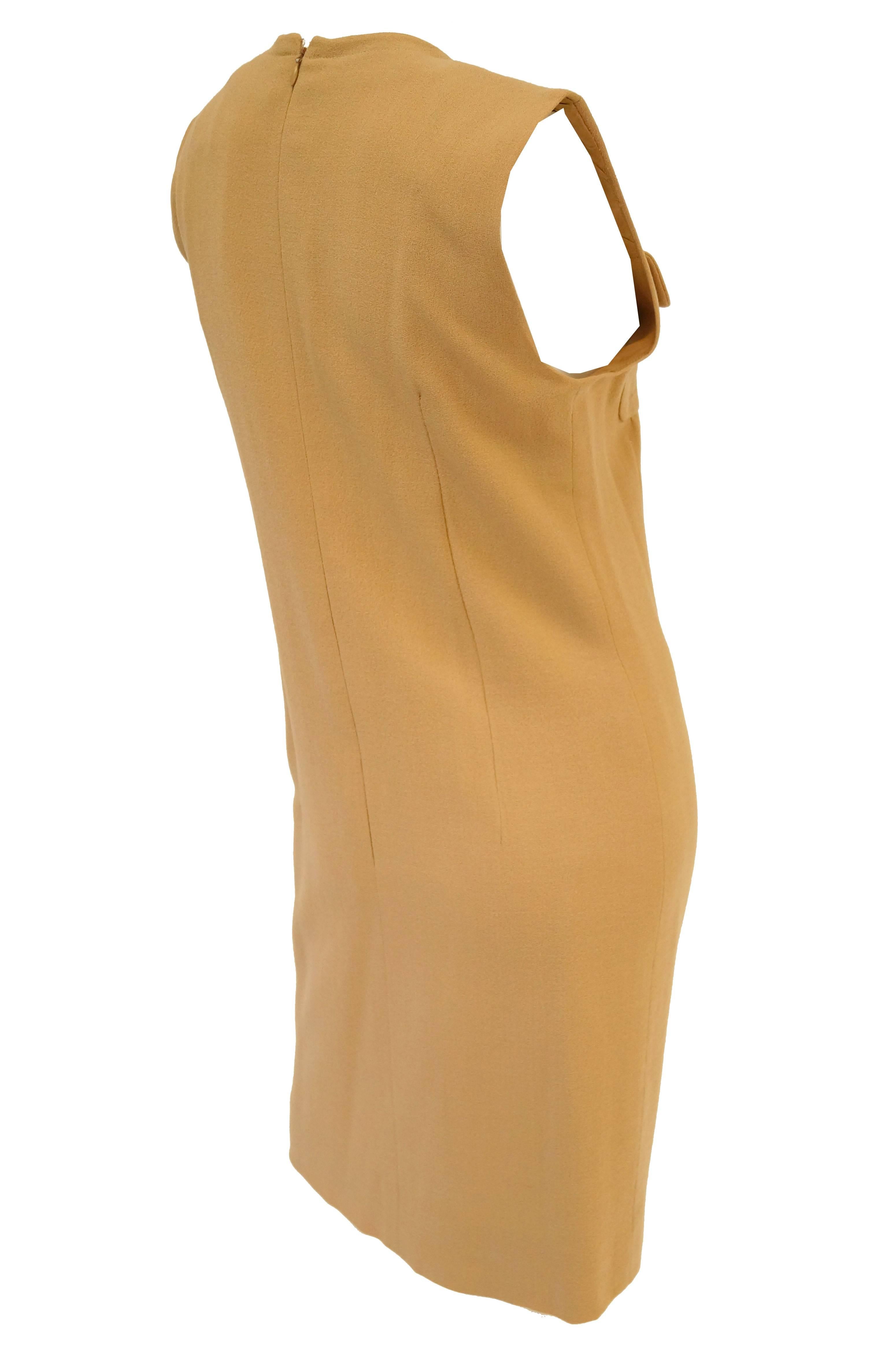 1980s Givenchy Couture Camel Wool Shift Dress w/ Gold Button and Pocket Detail 3