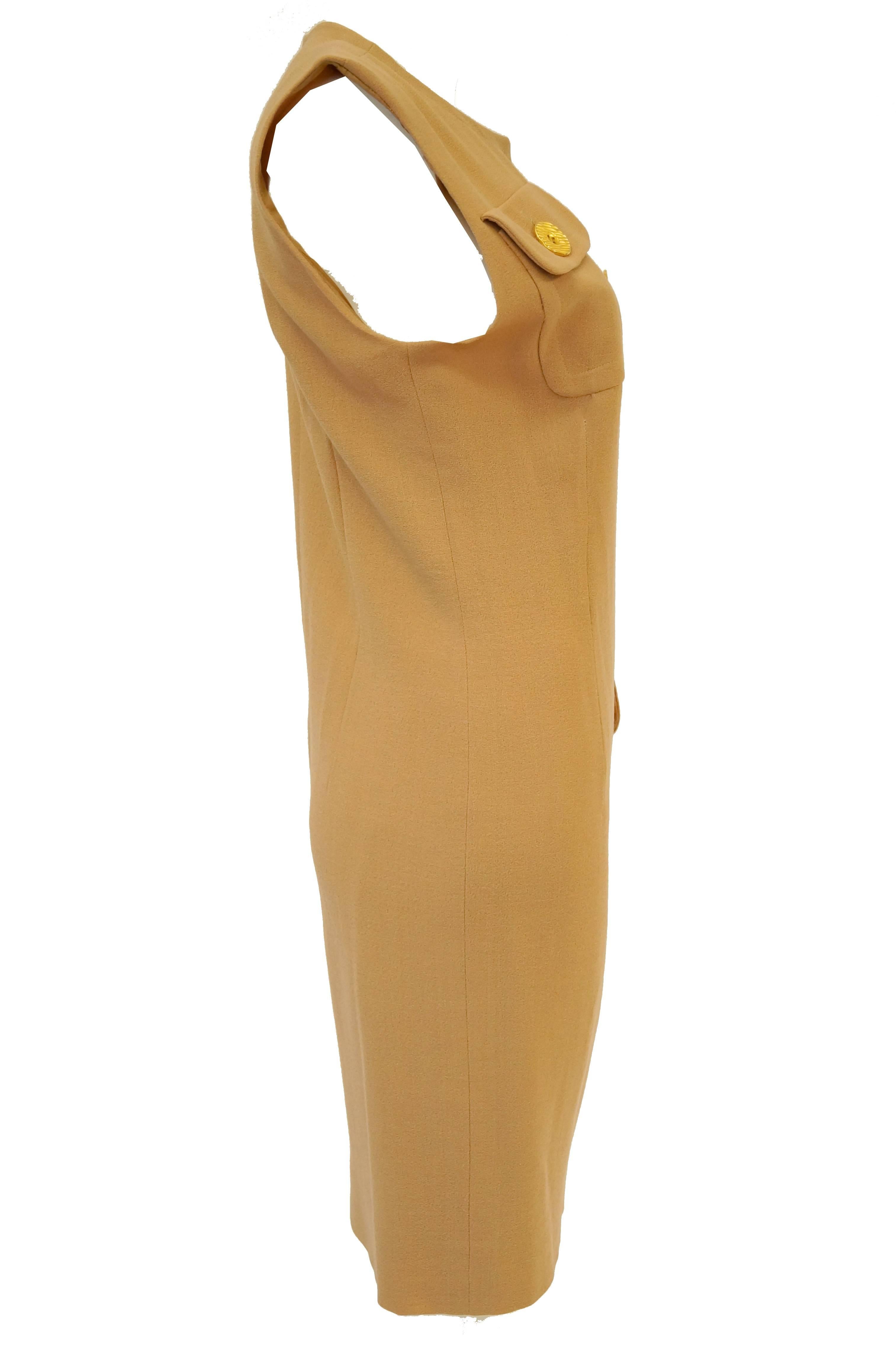 1980s Givenchy Couture Camel Wool Shift Dress w/ Gold Button and Pocket Detail 4