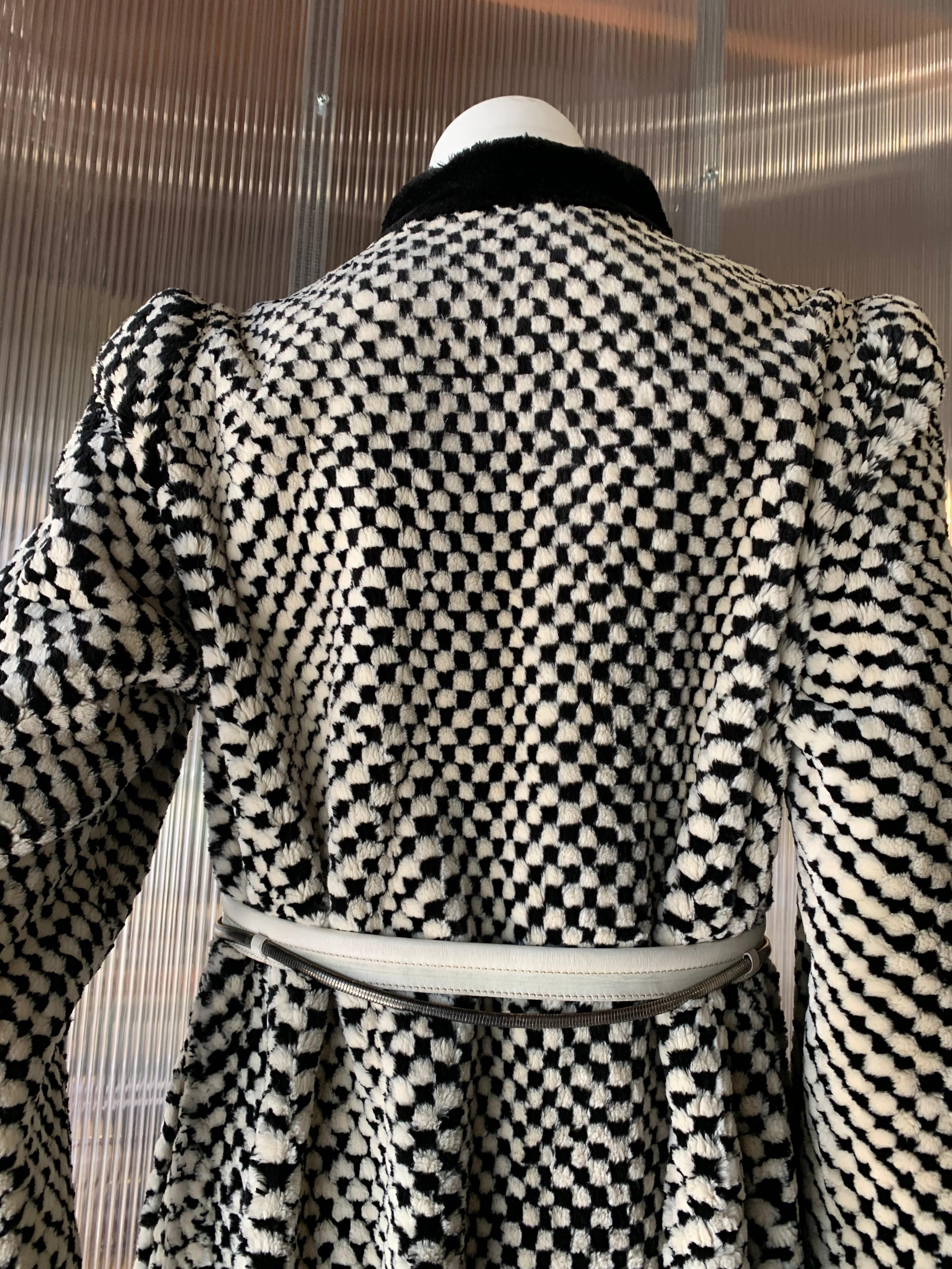 1980s Givenchy Couture Checkerboard Sheared Beaver Coat W/ Black Fur Front Trim In Good Condition For Sale In Gresham, OR