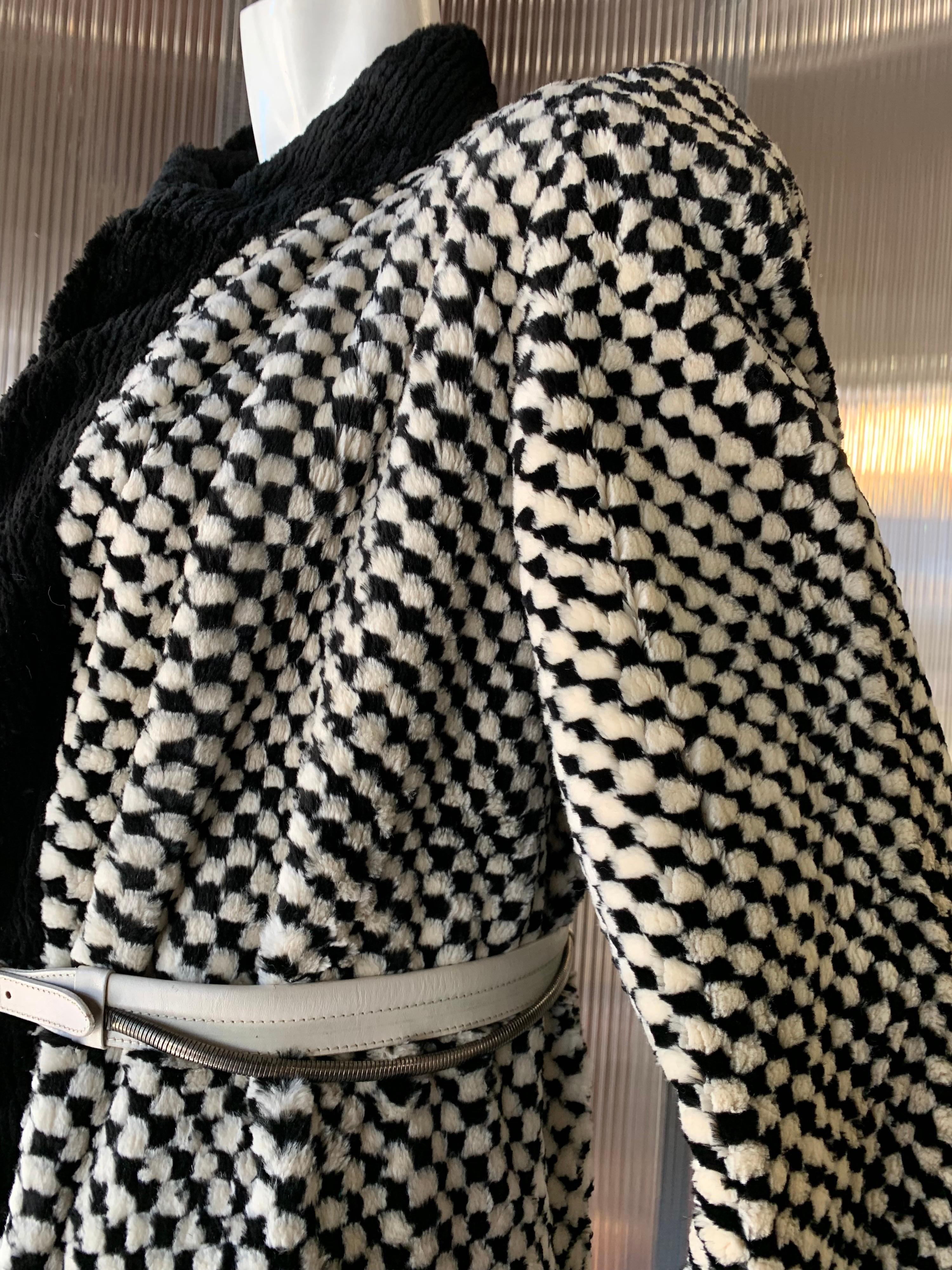1980s Givenchy Couture Checkerboard Sheared Beaver Coat W/ Black Fur Front Trim For Sale 1
