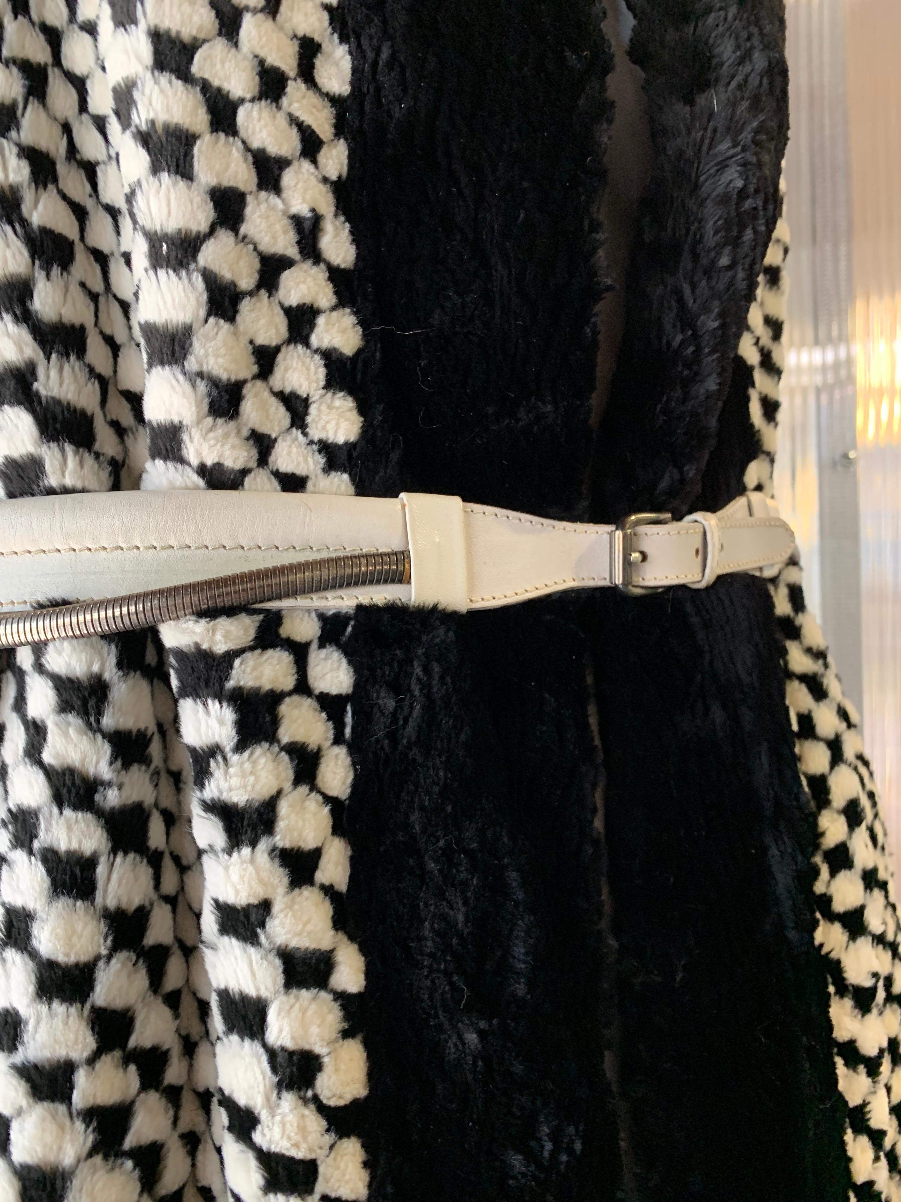 1980s Givenchy Couture Checkerboard Sheared Beaver Coat W/ Black Fur Front Trim For Sale 2