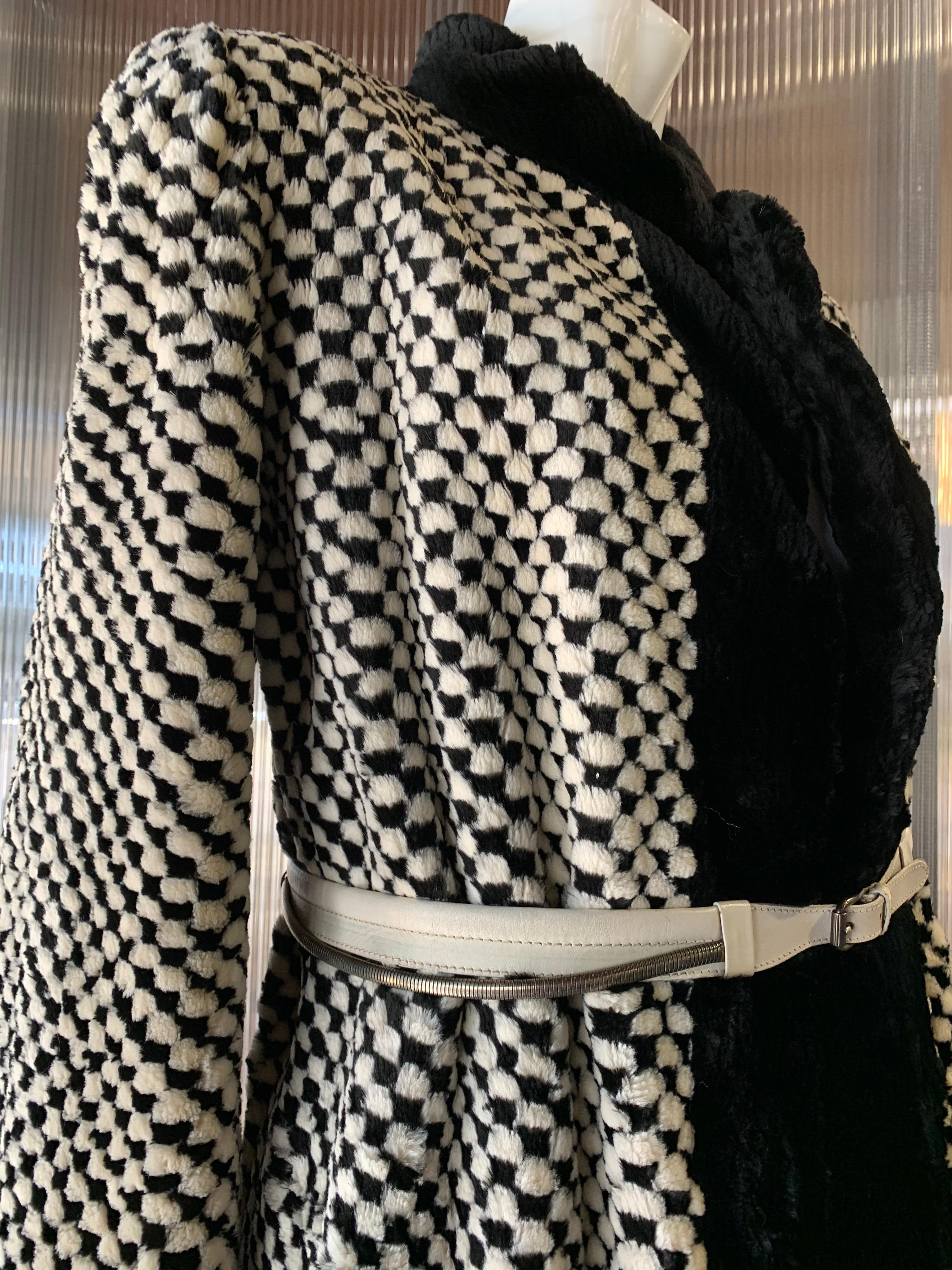 1980s Givenchy Couture Checkerboard Sheared Beaver Coat W/ Black Fur Front Trim For Sale 3
