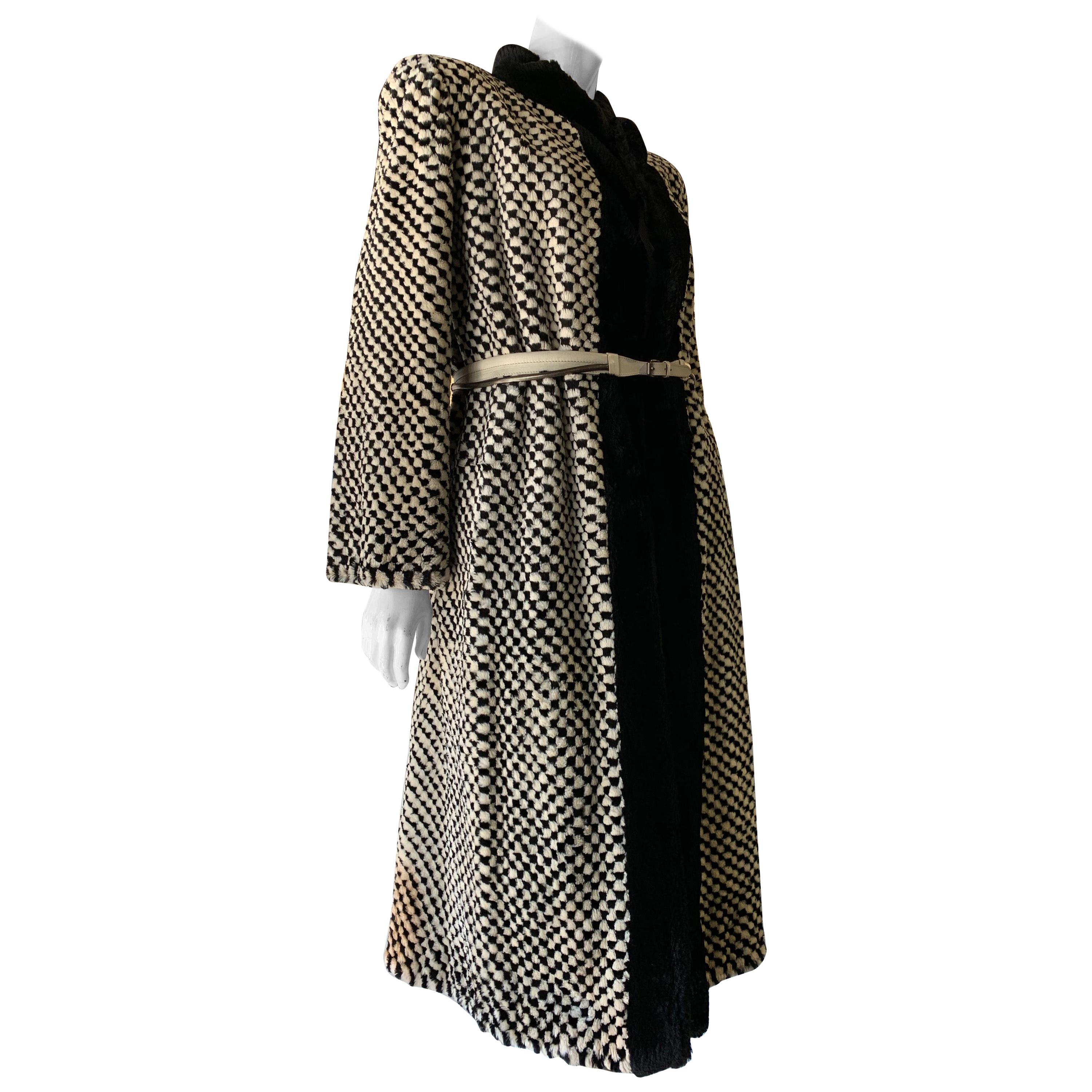1980s Givenchy Couture Checkerboard Sheared Beaver Coat W/ Black Fur Front Trim