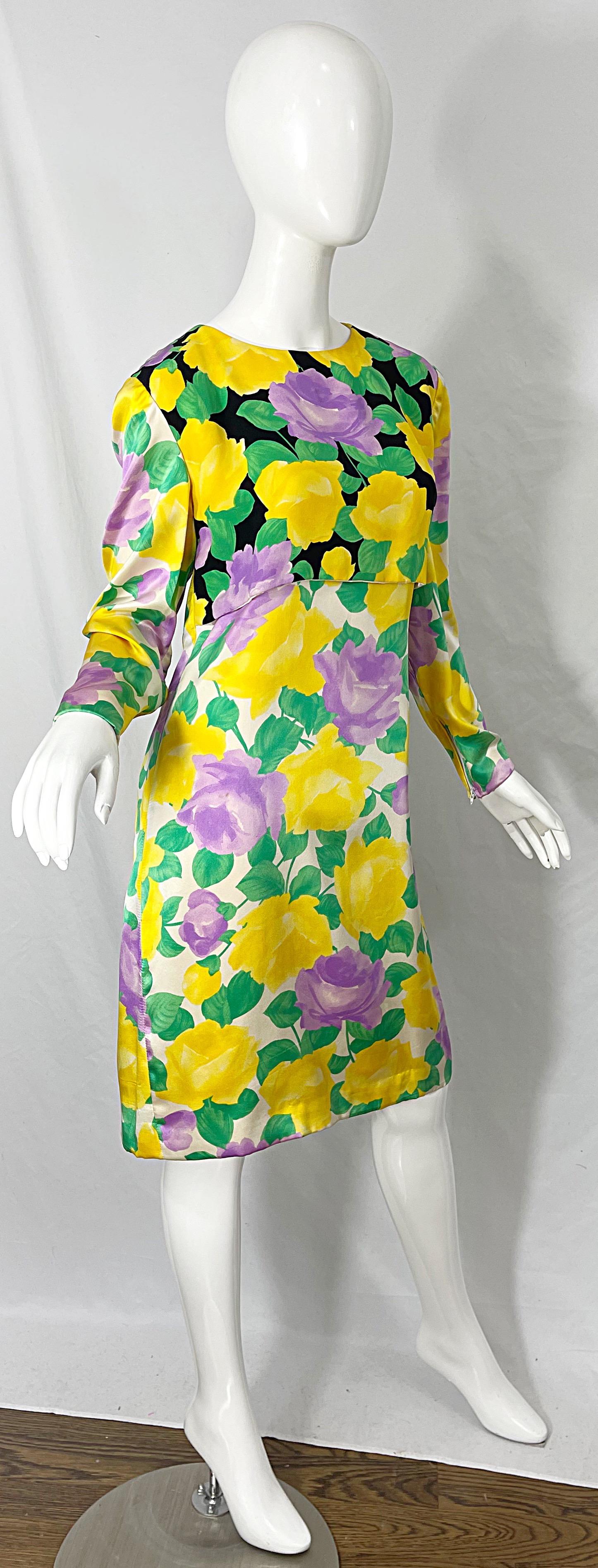 1980s Galanos Couture Rose Print Long Sleeve Yellow Purple Vintage 80s Dress For Sale 1