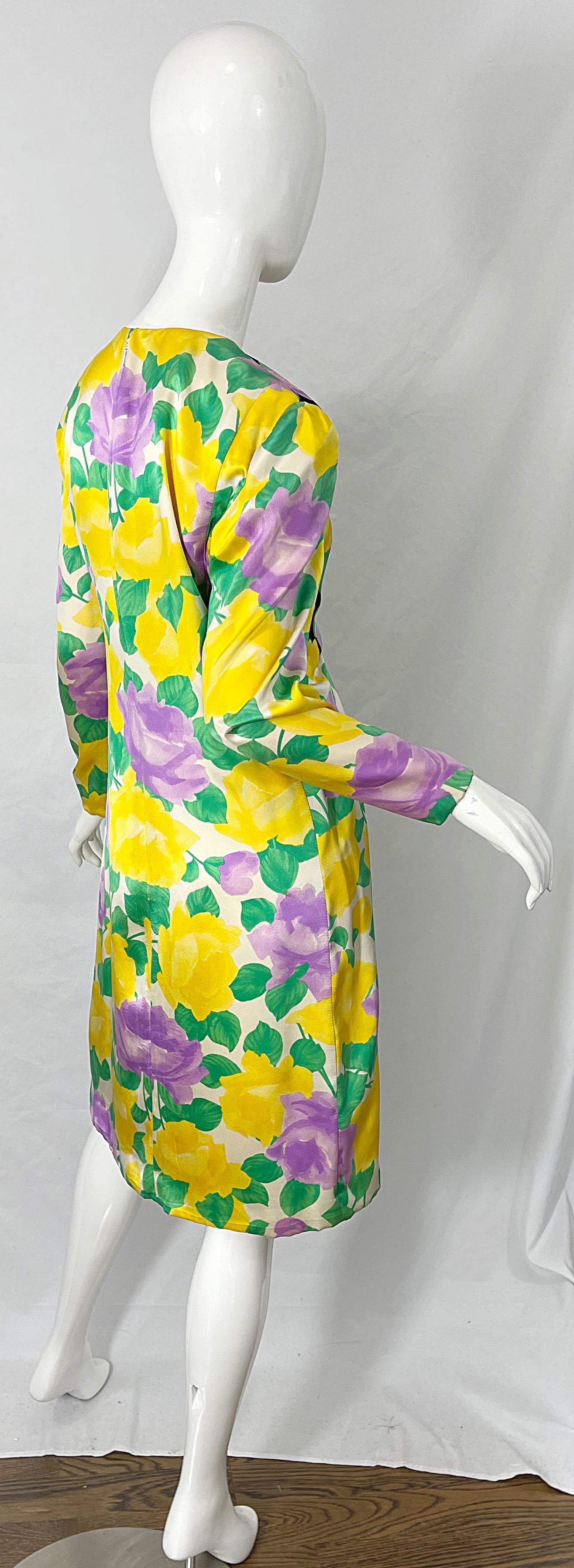 1980s Galanos Couture Rose Print Long Sleeve Yellow Purple Vintage 80s Dress For Sale 2