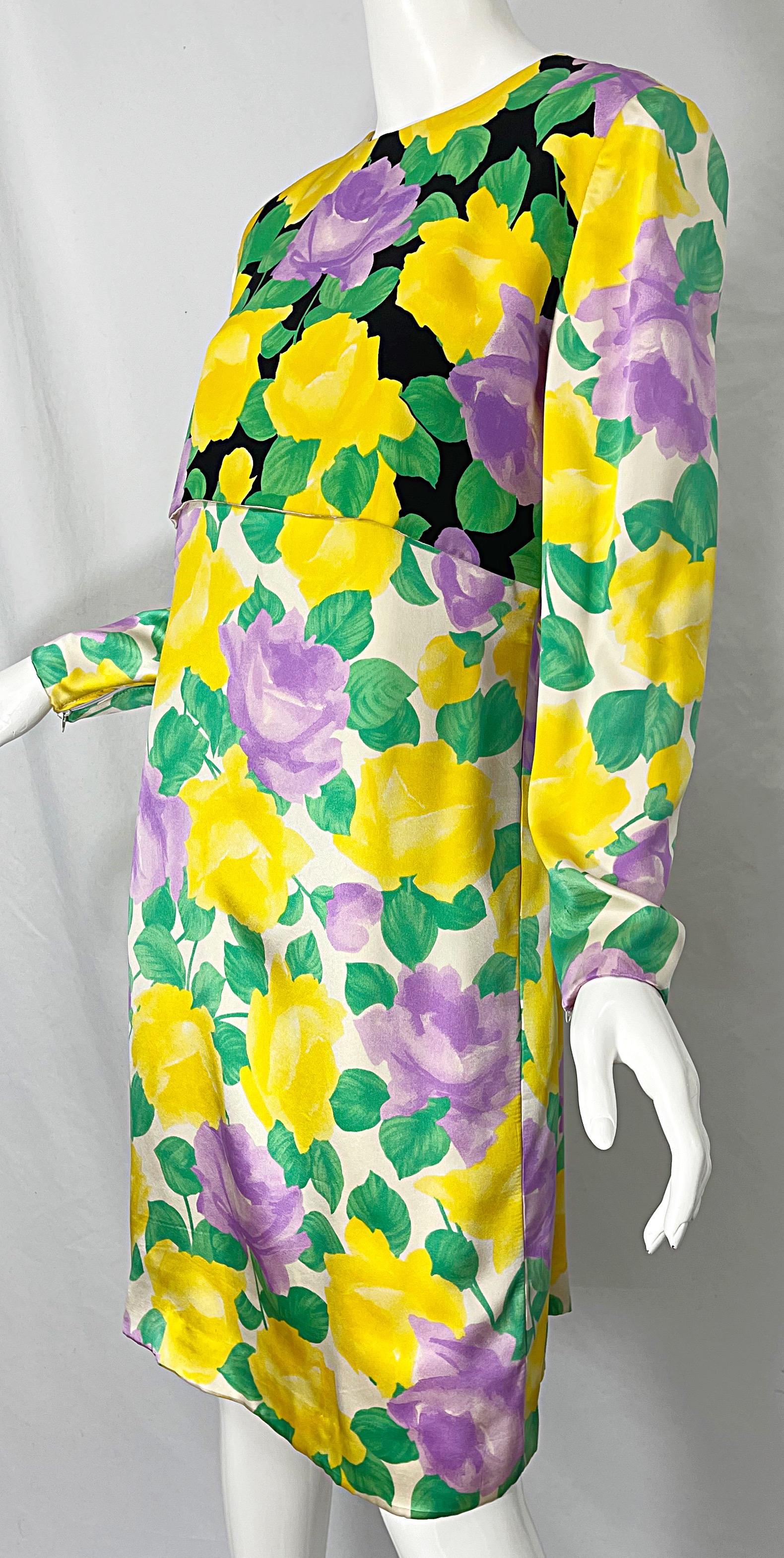 1980s Galanos Couture Rose Print Long Sleeve Yellow Purple Vintage 80s Dress For Sale 3