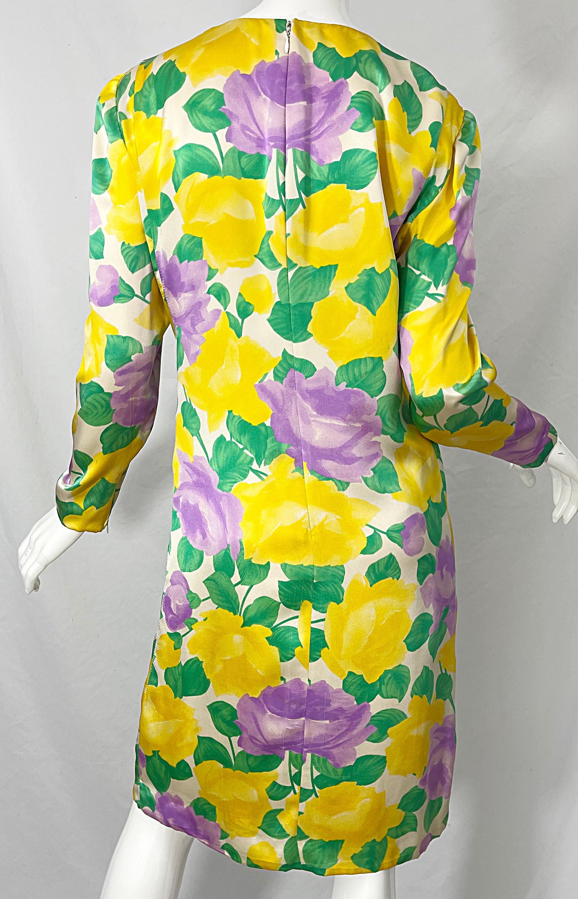 1980s Galanos Couture Rose Print Long Sleeve Yellow Purple Vintage 80s Dress For Sale 4