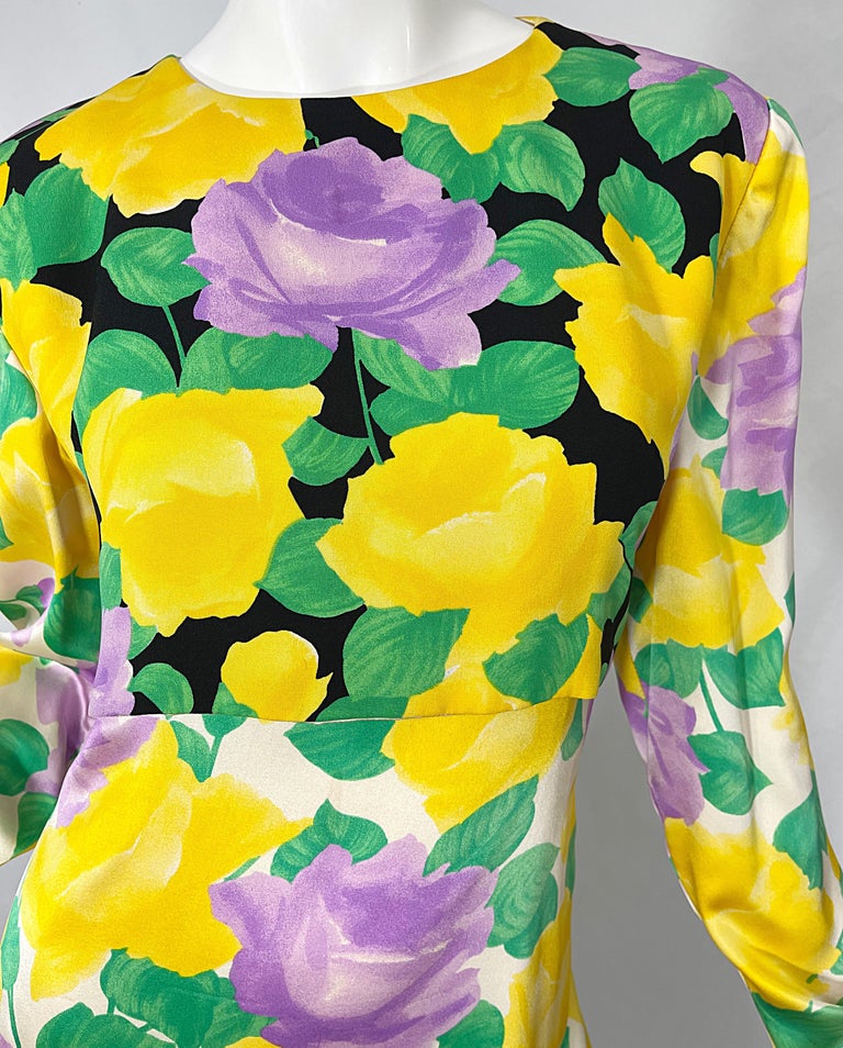 1980s Galanos Couture Rose Print Long Sleeve Yellow Purple Vintage 80s Dress 1980s Galanos Couture Rose Print Long Sleeve Yellow Purple Vintage 80s Dress