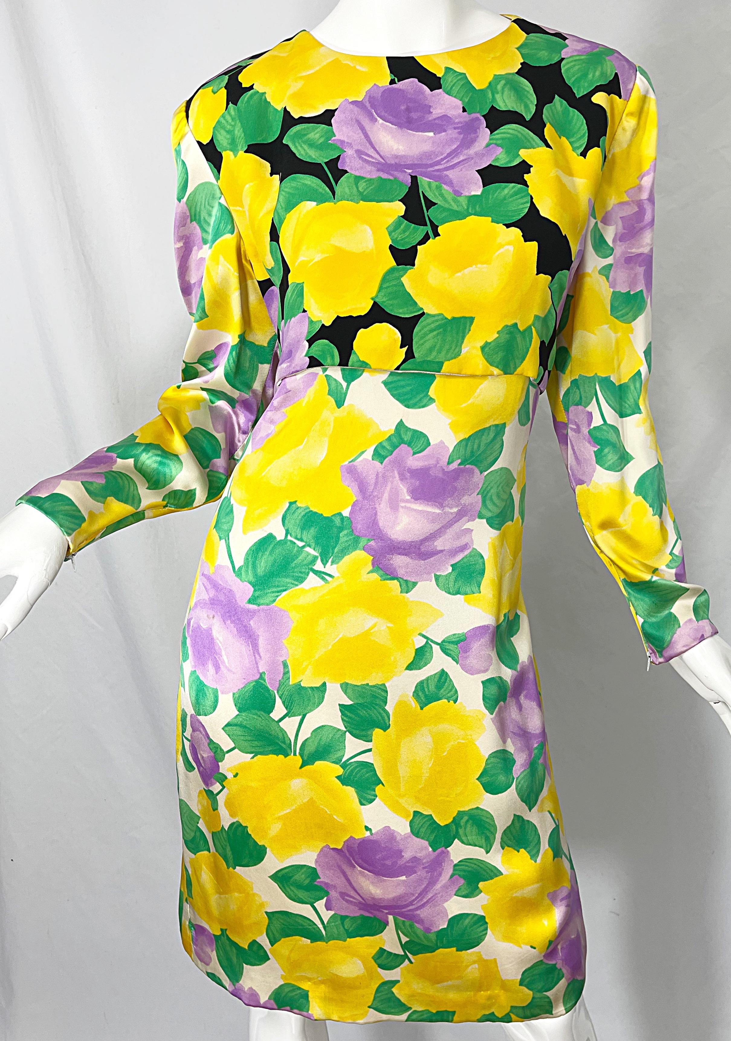 Beige 1980s Galanos Couture Rose Print Long Sleeve Yellow Purple Vintage 80s Dress For Sale