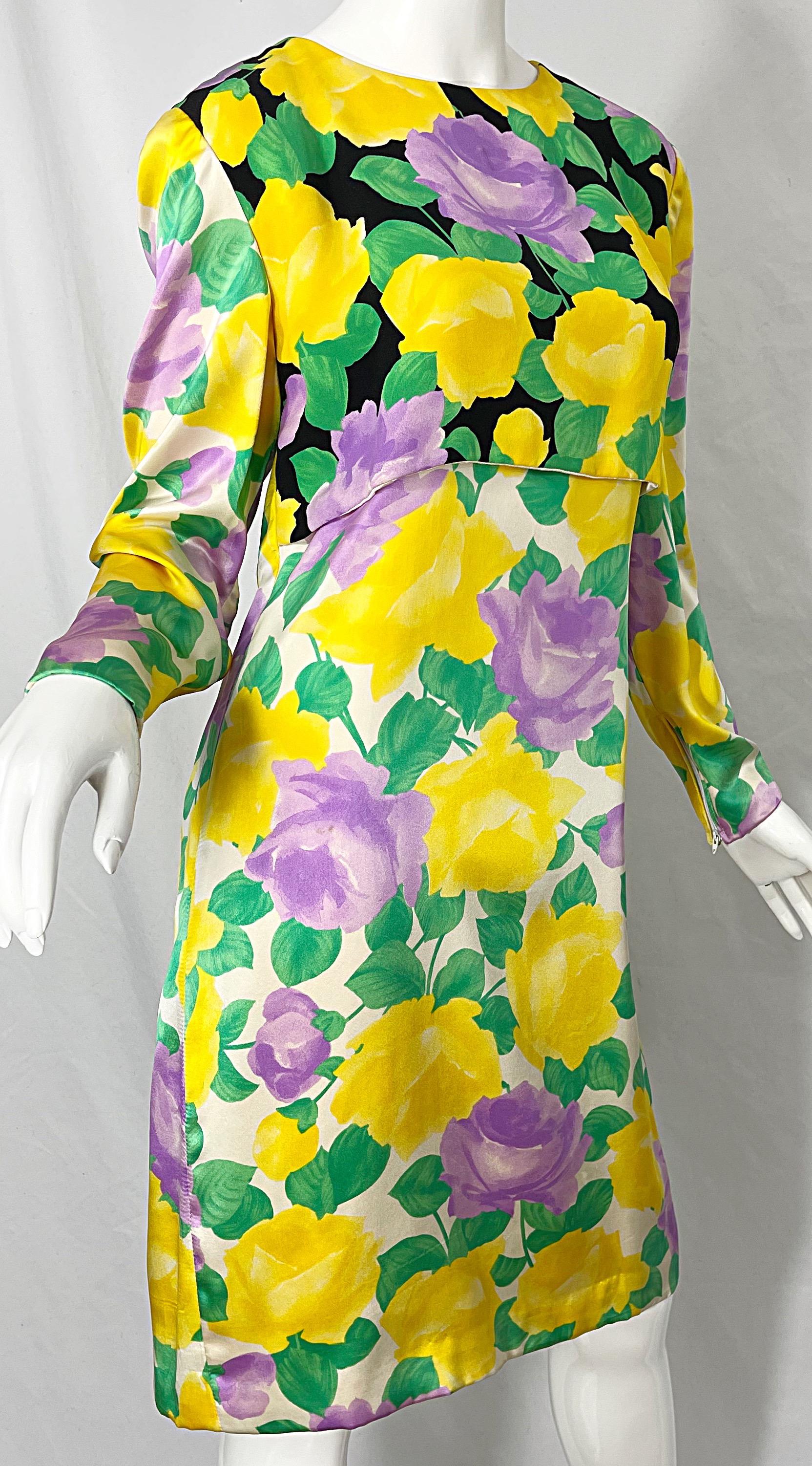 1980s Galanos Couture Rose Print Long Sleeve Yellow Purple Vintage 80s Dress In Excellent Condition For Sale In San Diego, CA