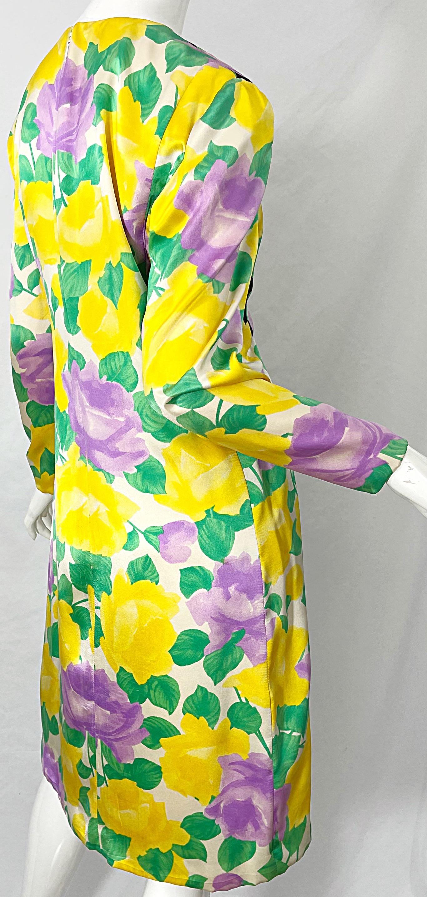Women's 1980s Galanos Couture Rose Print Long Sleeve Yellow Purple Vintage 80s Dress For Sale
