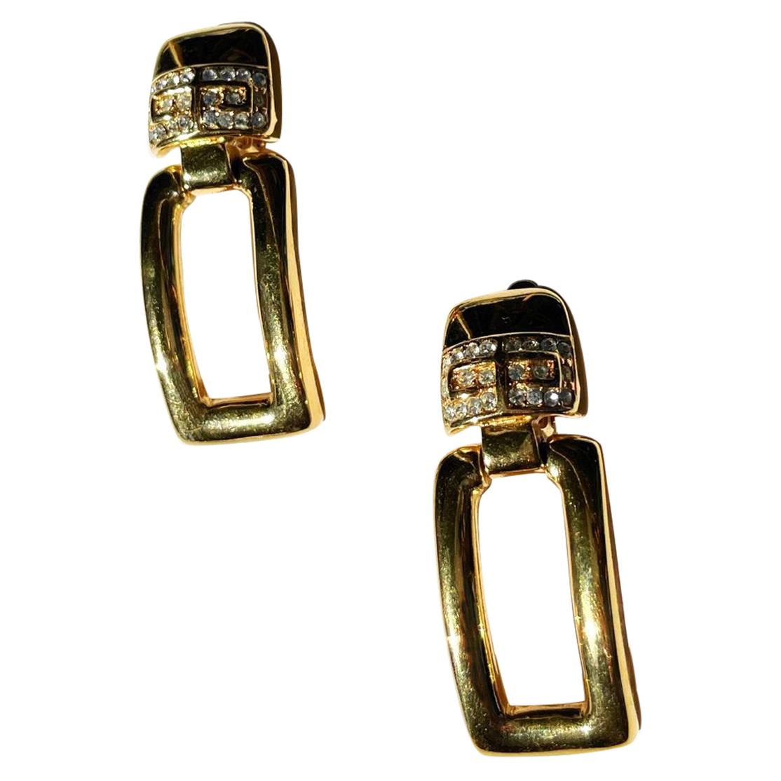 1980s Givenchy Doorknocker Earrings in Gold Plate and Swarovski Crystal For Sale
