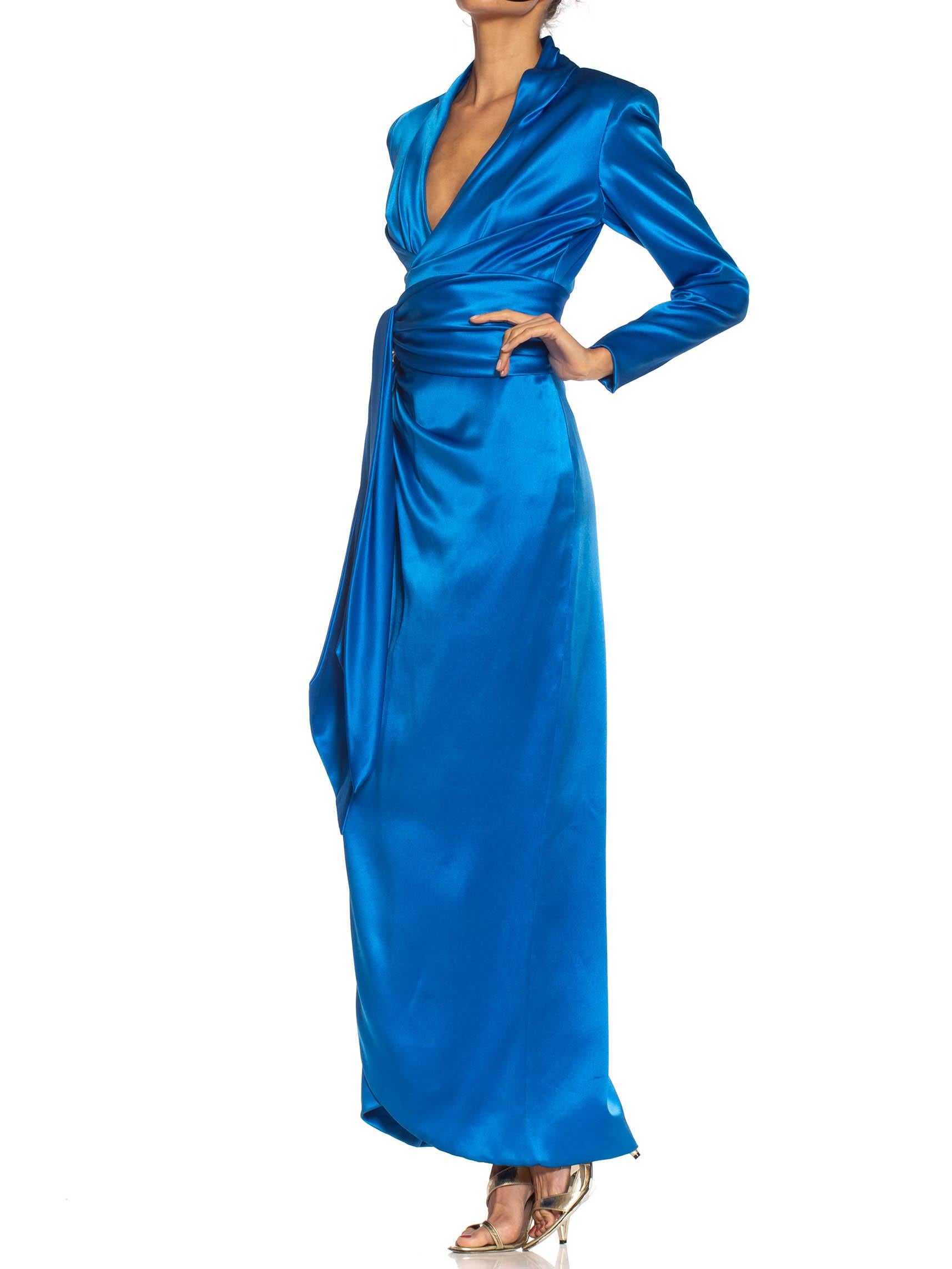 1980S GIVENCHY Electric Blue Haute Couture Silk Double Faced Satin Sleeved Gown For Sale 3
