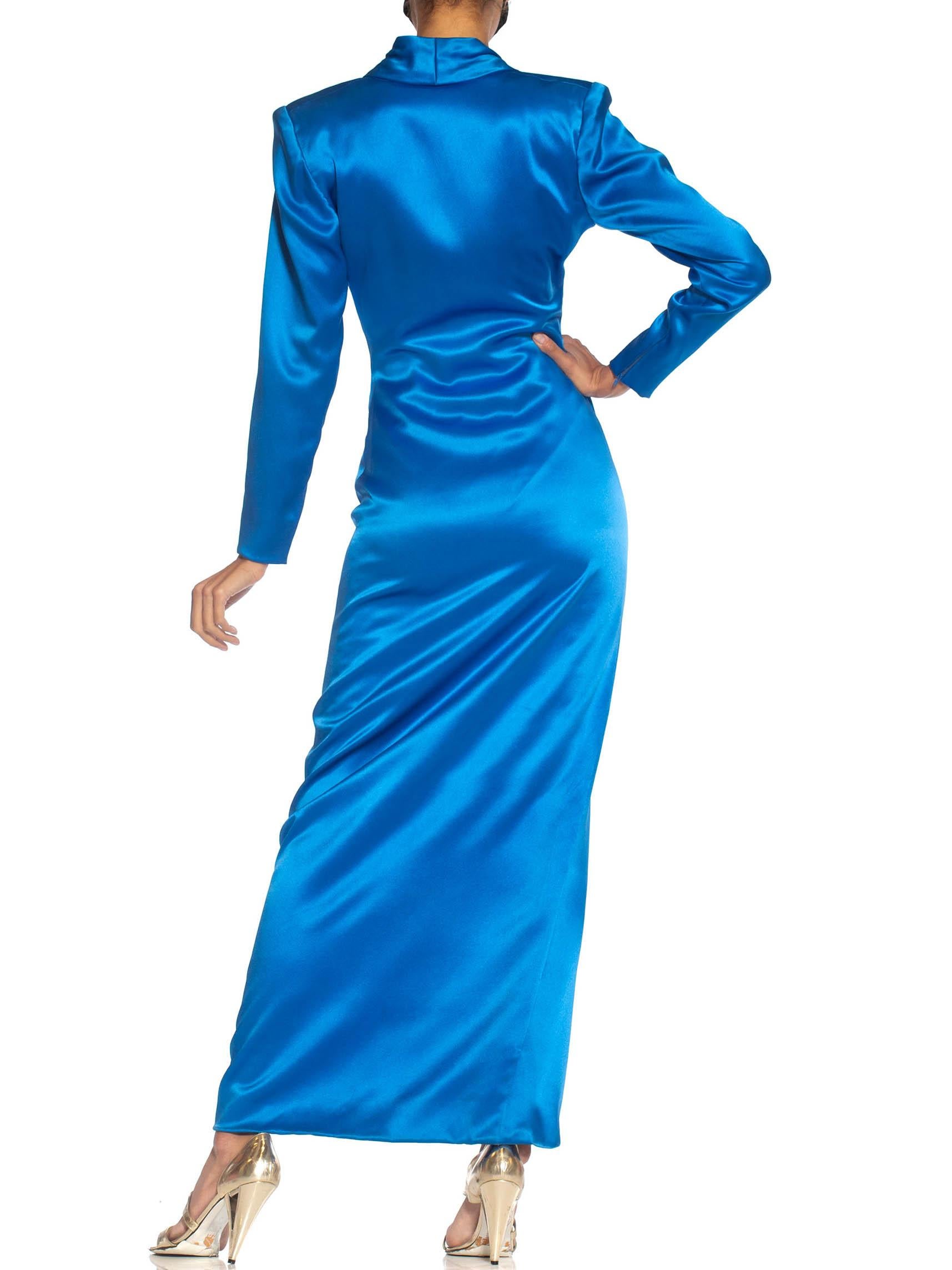 1980S GIVENCHY Electric Blue Haute Couture Silk Double Faced Satin Sleeved Gown In Excellent Condition For Sale In New York, NY