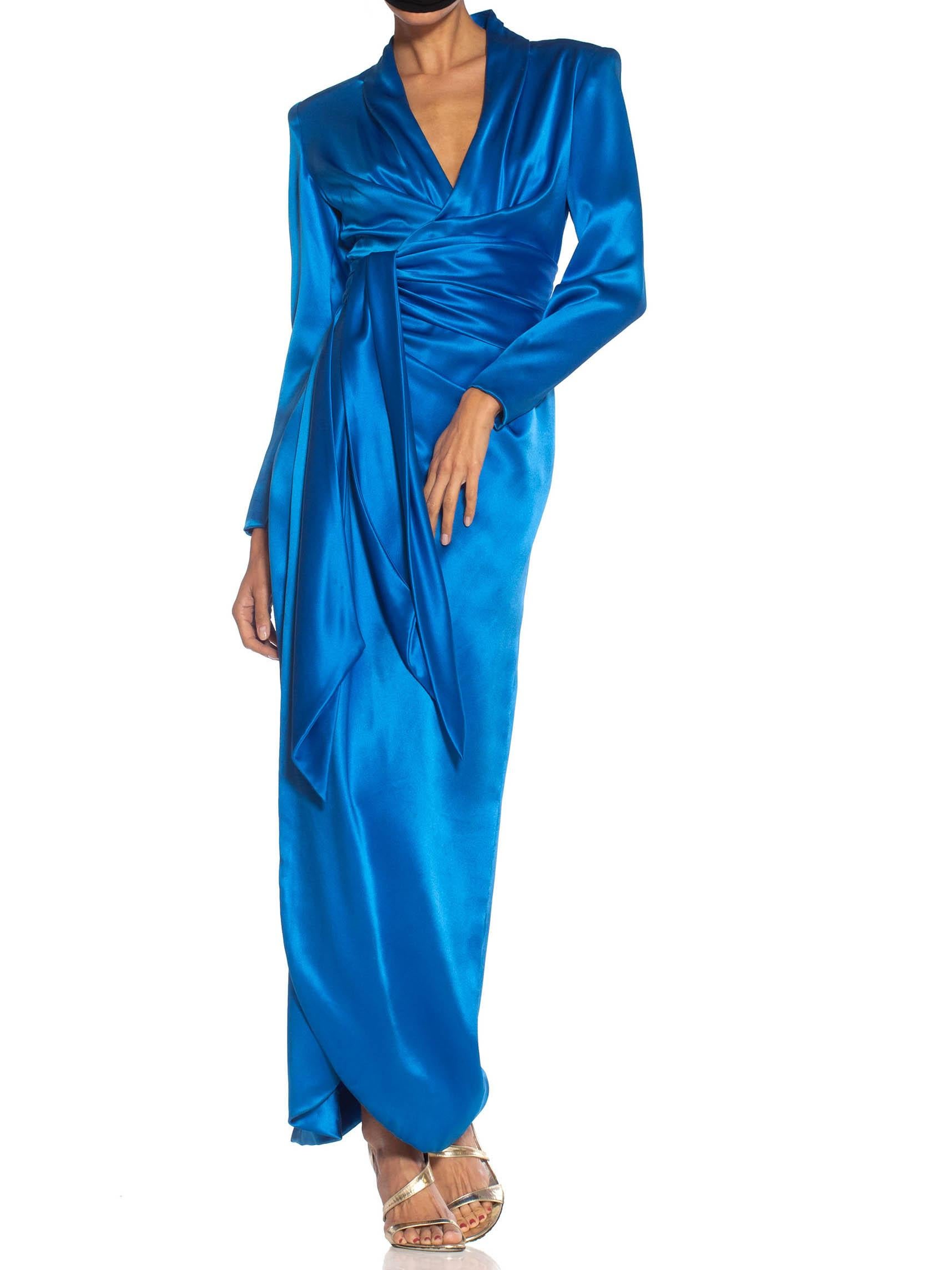 Women's 1980S GIVENCHY Electric Blue Haute Couture Silk Double Faced Satin Sleeved Gown For Sale