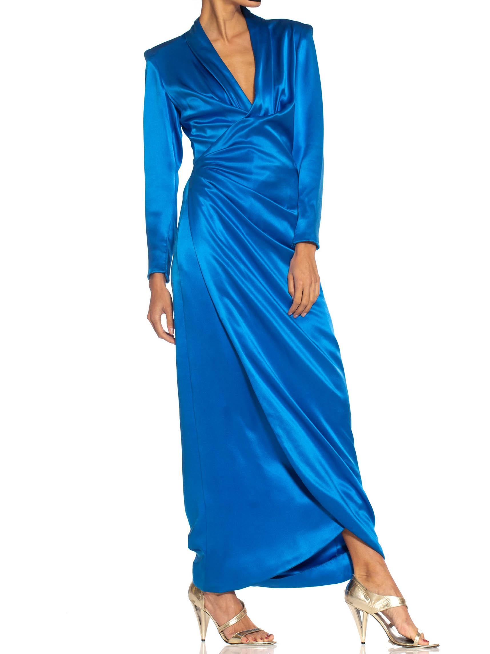 1980S GIVENCHY Electric Blue Haute Couture Silk Double Faced Satin Sleeved Gown For Sale 1