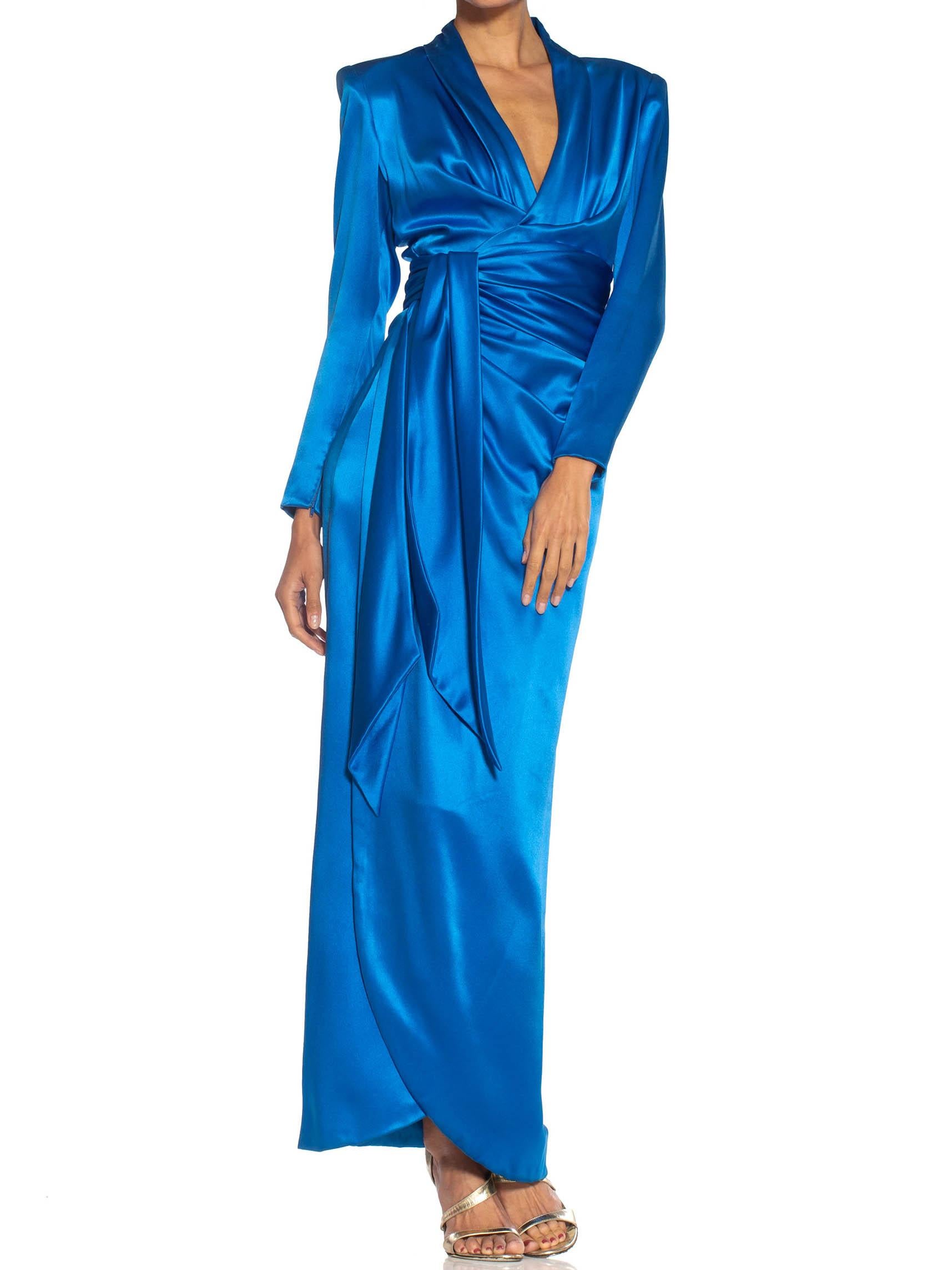 1980S GIVENCHY Electric Blue Haute Couture Silk Double Faced Satin Sleeved Gown For Sale 2