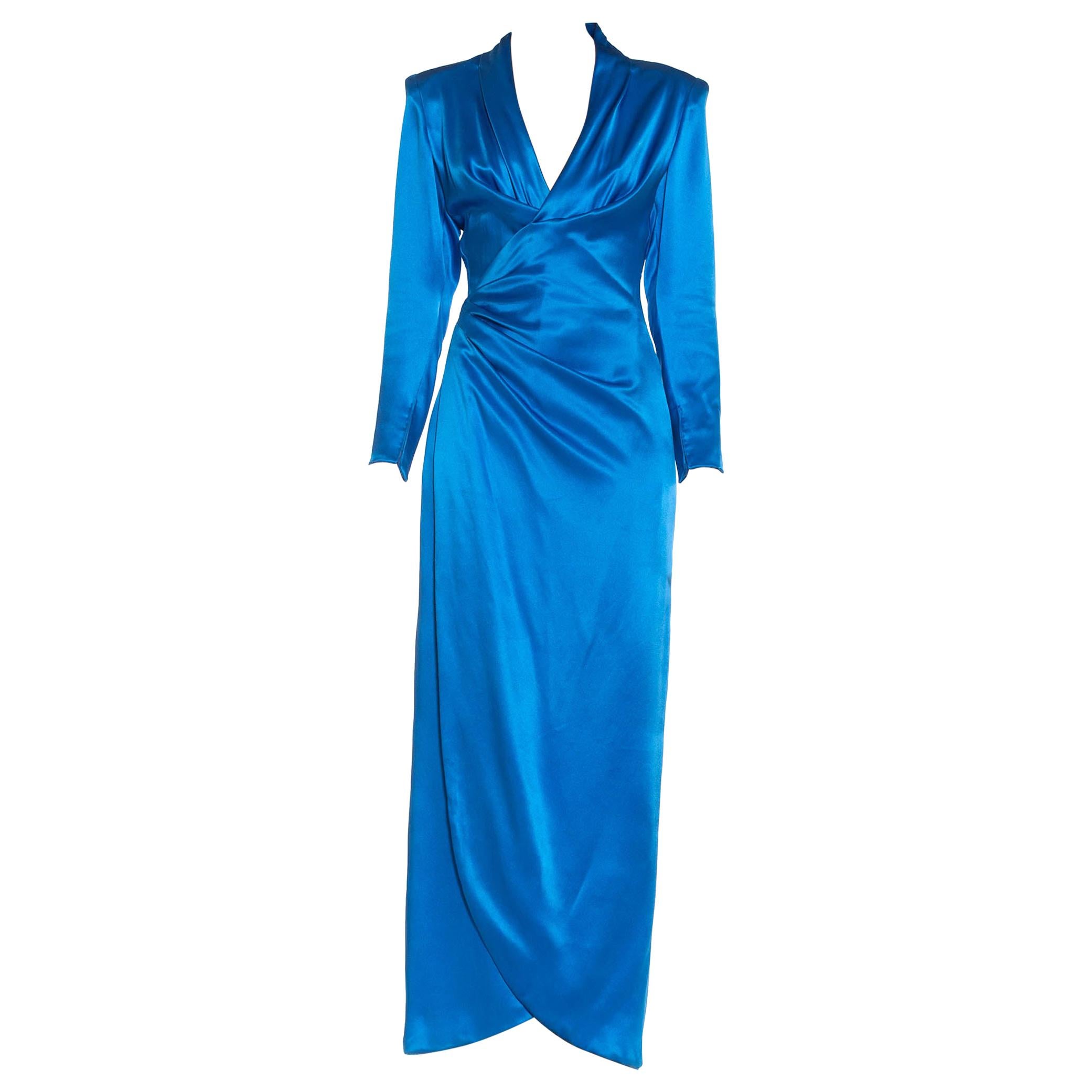 1980S GIVENCHY Electric Blue Haute Couture Silk Double Faced Satin Sleeved Gown For Sale