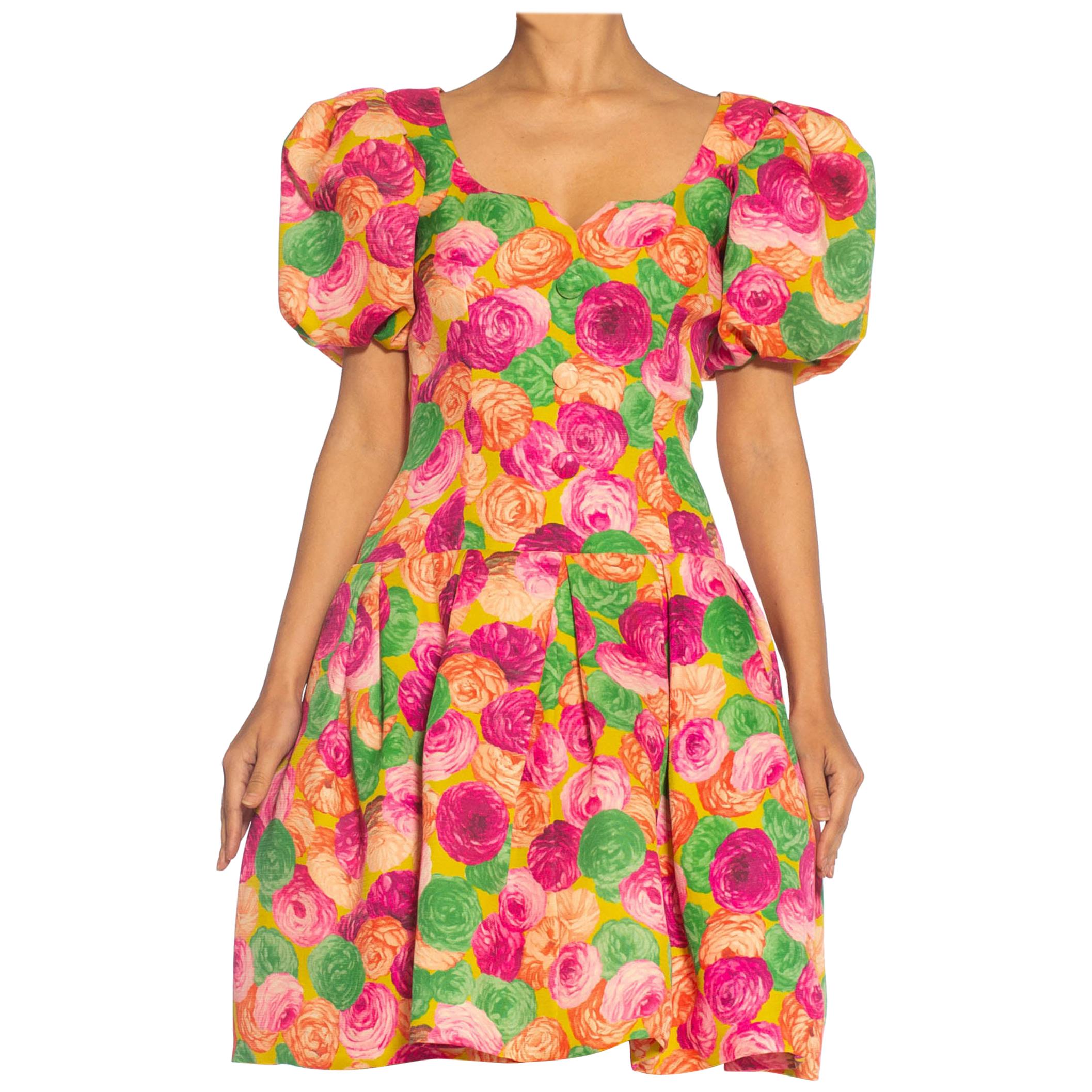 1980S GIVENCHY Floral Print Haute Couture Silk Summer Cocktail Dress With Poof  For Sale