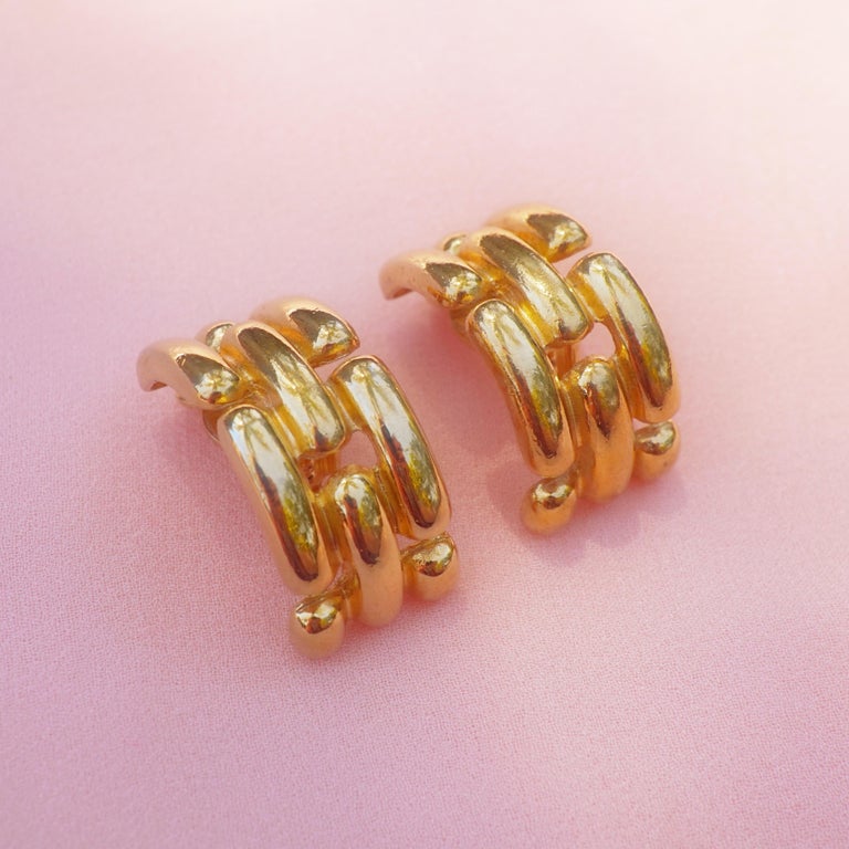 1980s Givenchy Gilded Chain Link Statement Half Hoops, Signed at