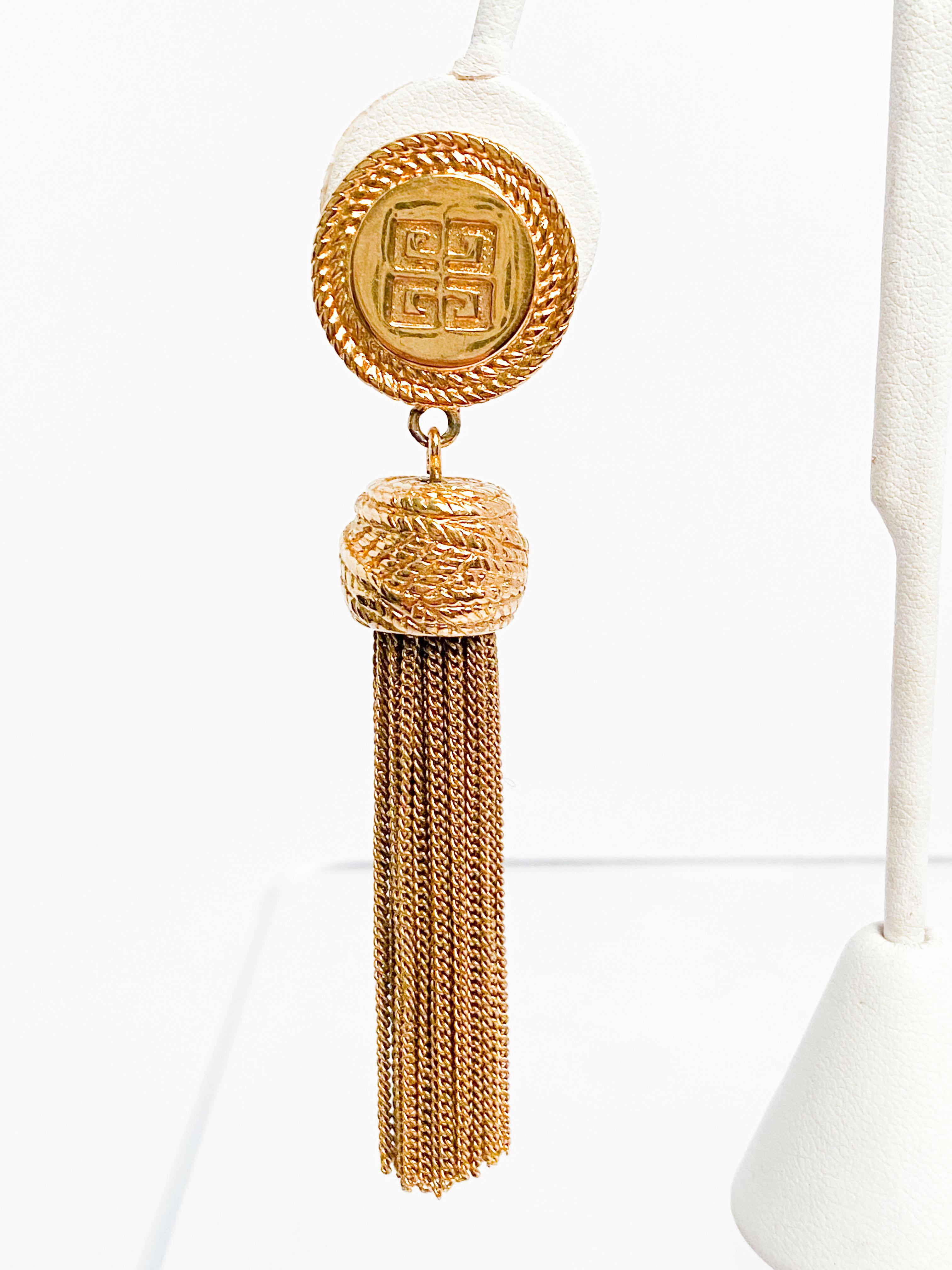 1980s Givenchy Gold-tone Logo Tassel Earrings In Excellent Condition In San Francisco, CA