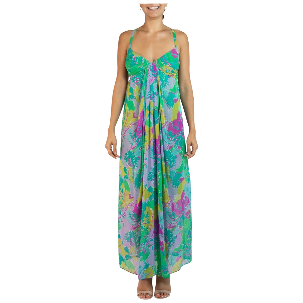 1980S Givenchy Robe Couture en mousseline de soie verte, aqua et rose