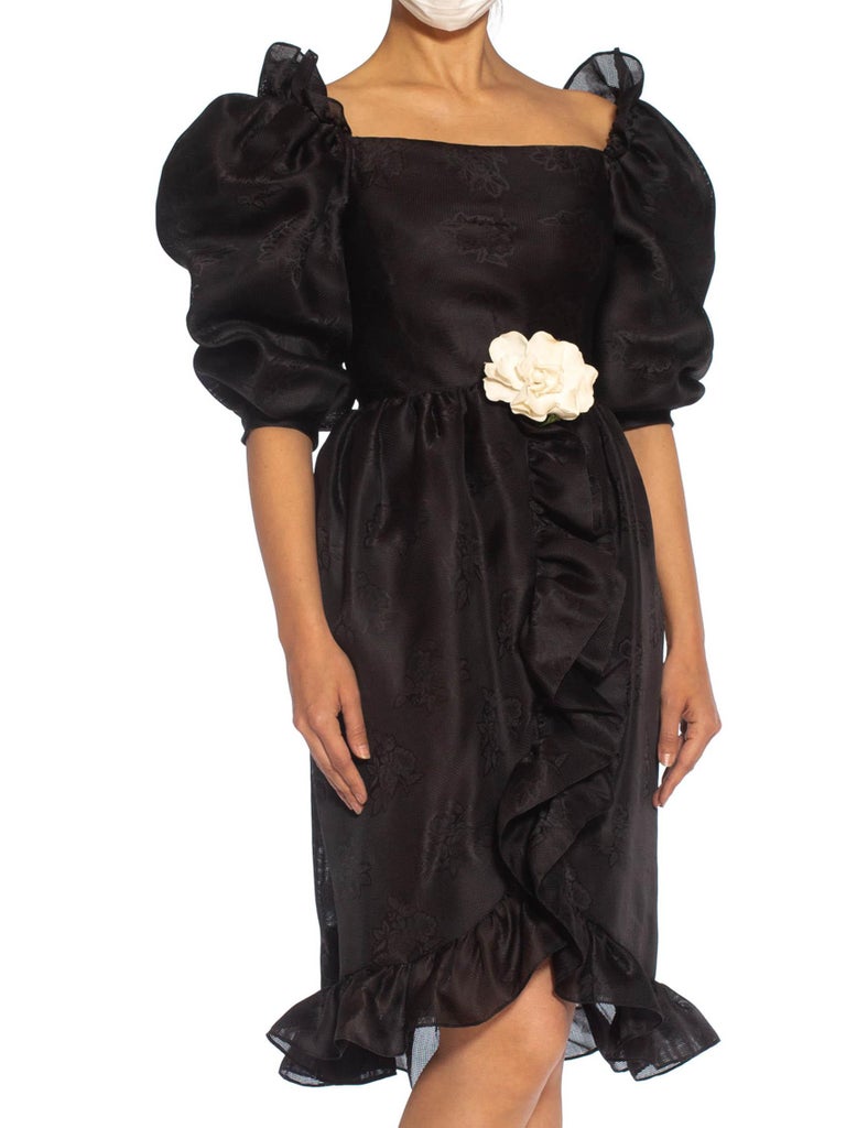 Black 1980S GIVENCHY Haute Couture Silk Poof Sleeved & Ruffled Cocktail Dress With A  For Sale
