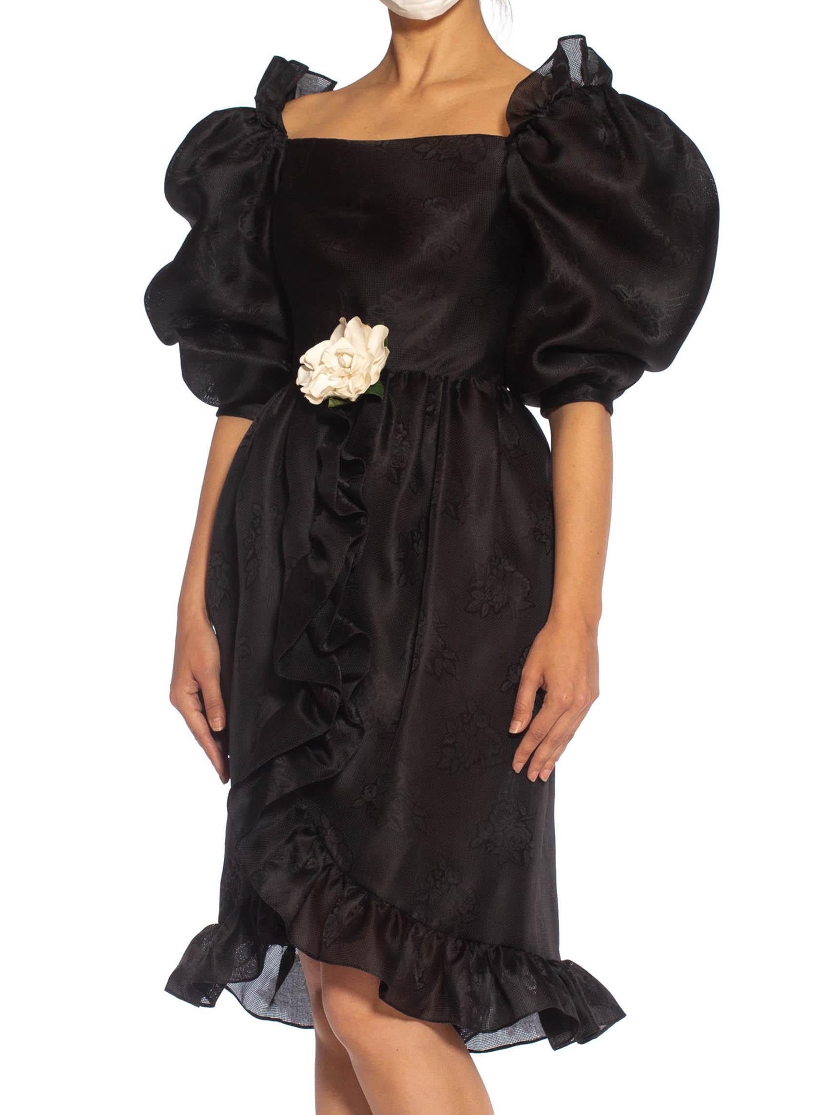 1980S GIVENCHY Haute Couture Silk Poof Sleeved & Ruffled Cocktail Dress With A  In Excellent Condition For Sale In New York, NY