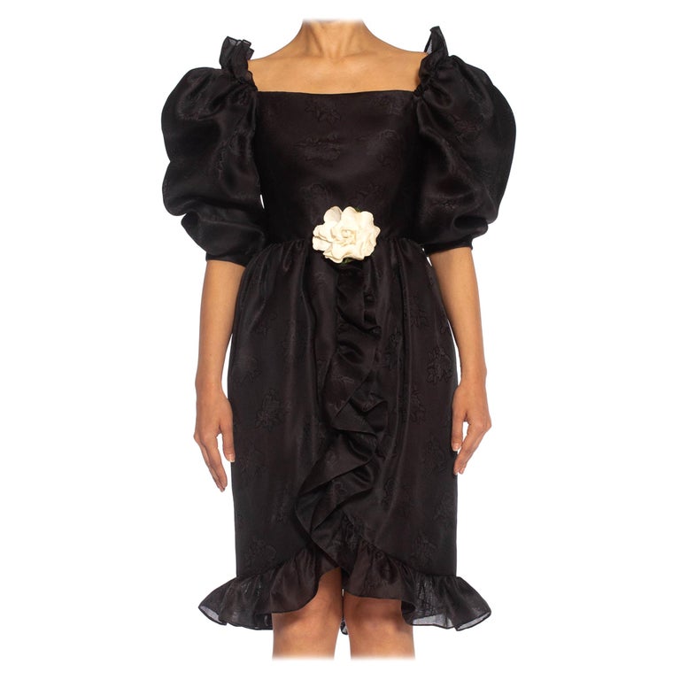 1980S GIVENCHY Haute Couture Silk Poof Sleeved & Ruffled Cocktail Dress With A  For Sale