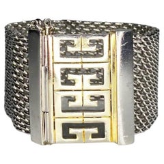 1980s Givenchy Mesh Silver-Tone Logo Bangle Cuff 