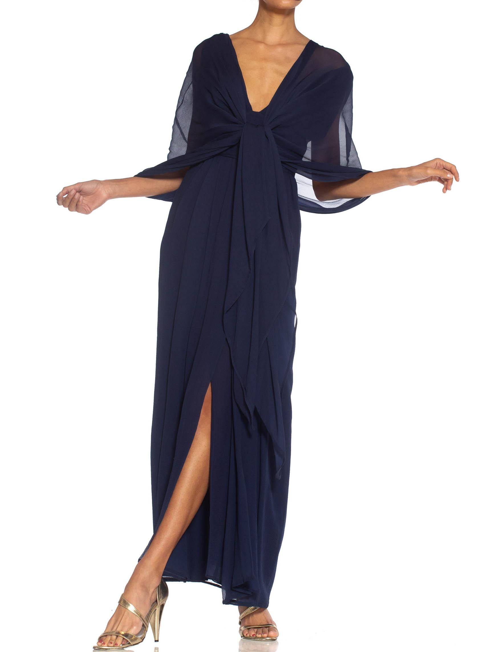 1980S GIVENCHY Navy Blue Haute Couture Silk Chiffon Low Cut Gown 1989 In Excellent Condition For Sale In New York, NY