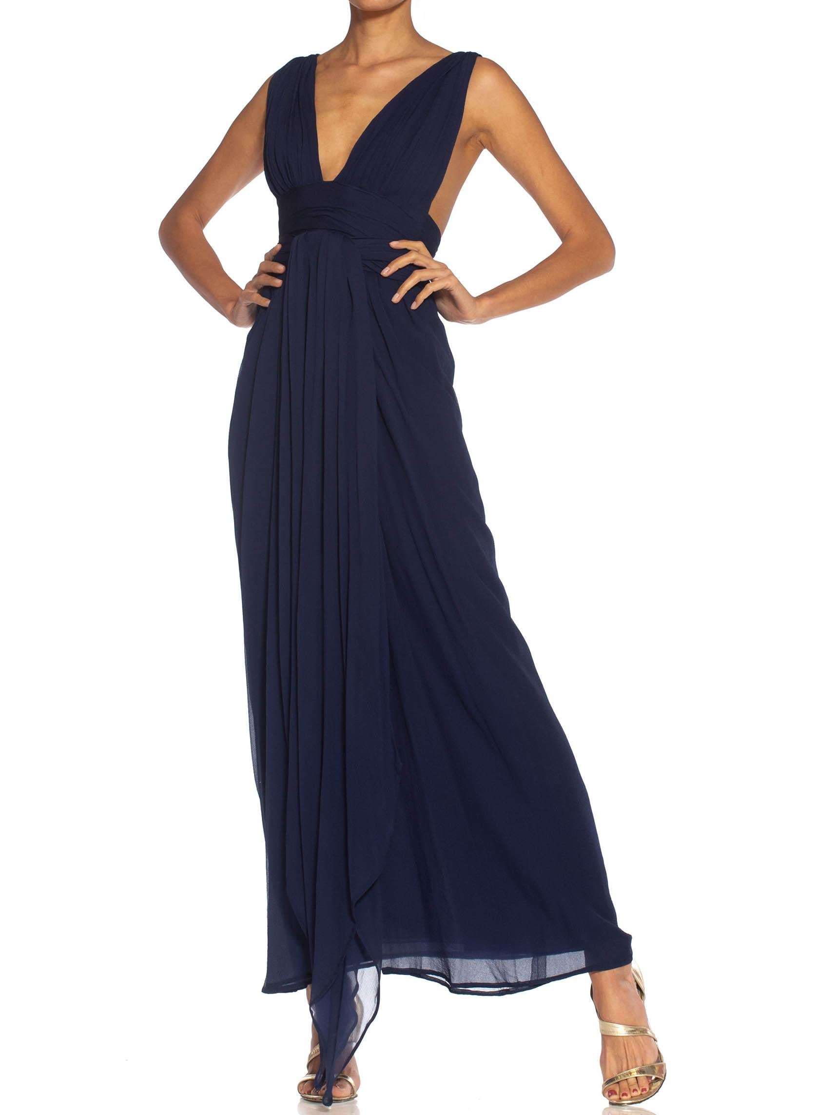 1980S GIVENCHY Navy Blue Haute Couture Silk Chiffon Low Cut Gown 1989 For Sale 2