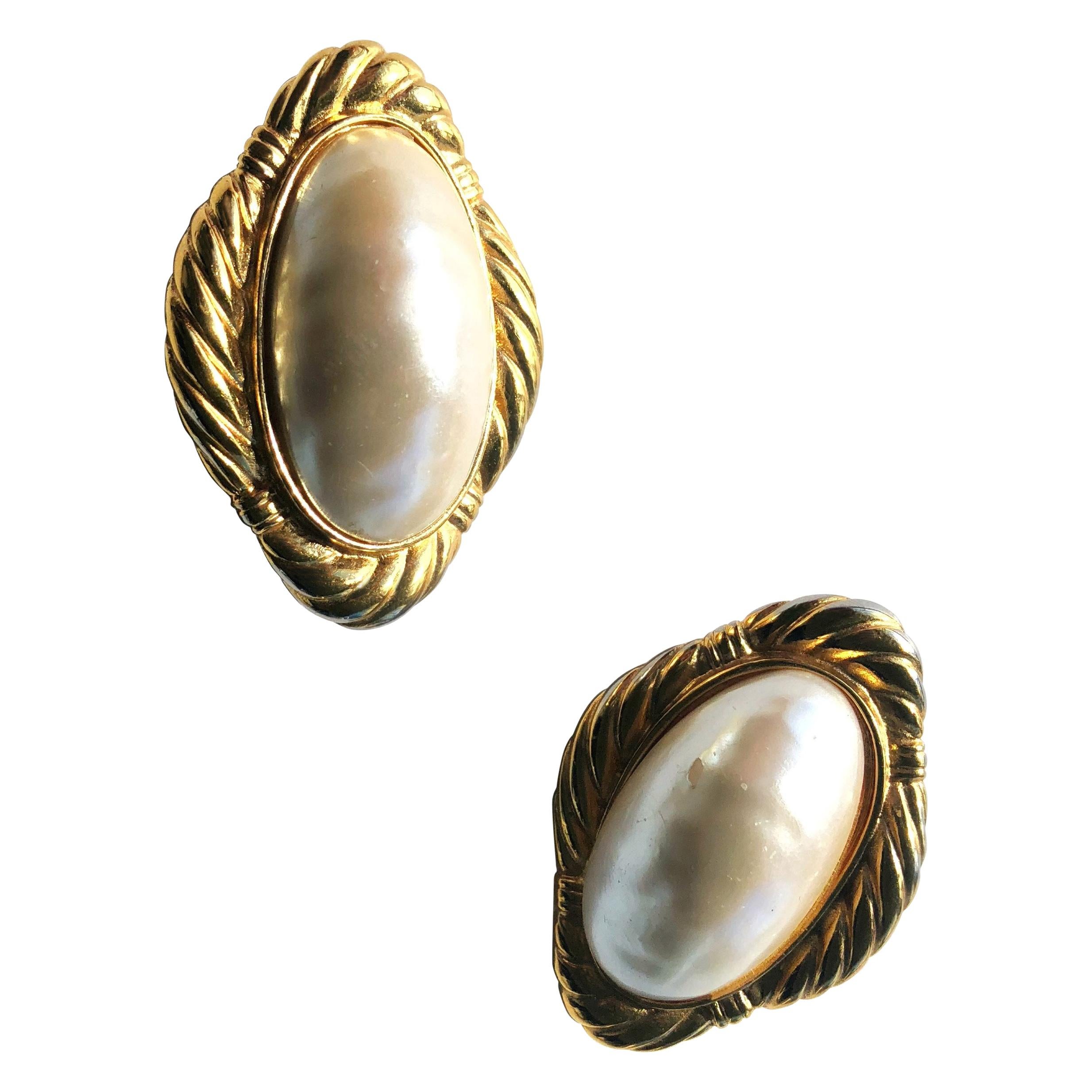 1980s Givenchy Oversize Pearl Statement Earrings with Gold Plate For Sale