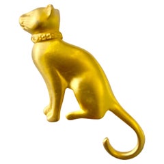 Retro 1980s Givenchy Paris Gold Cat Satin Gold Metal Brooch