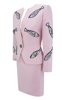 1980s Givenchy Pink Sequin Beaded Fish Motif Skirt Suit
