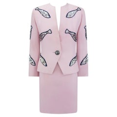 1980s Givenchy Pink Sequin Beaded Fish Motif Skirt Suit