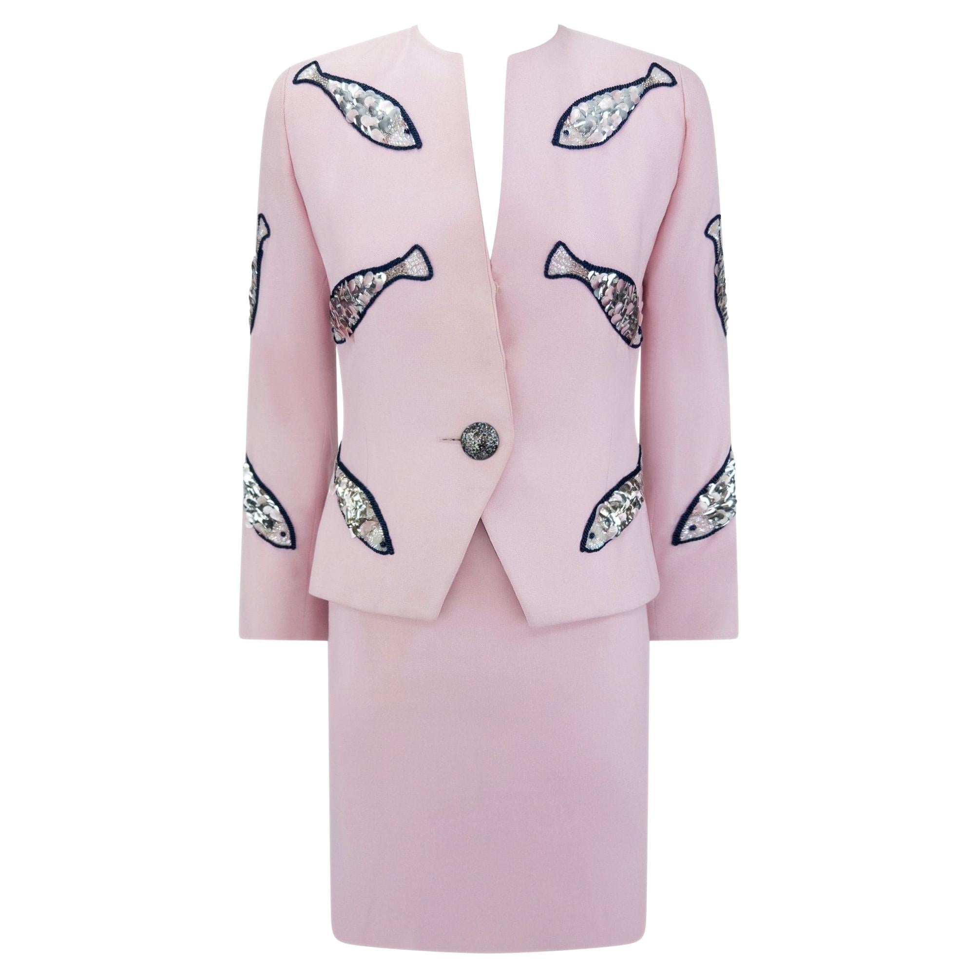 1980s Givenchy Pink Sequin Beaded Fish Motif Skirt Suit FR34 For Sale