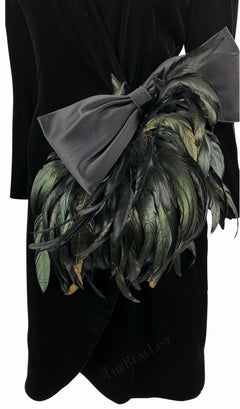 1980s Givenchy Plunging Black Velvet Feather Bow Wrap-Style Cocktail Dress
