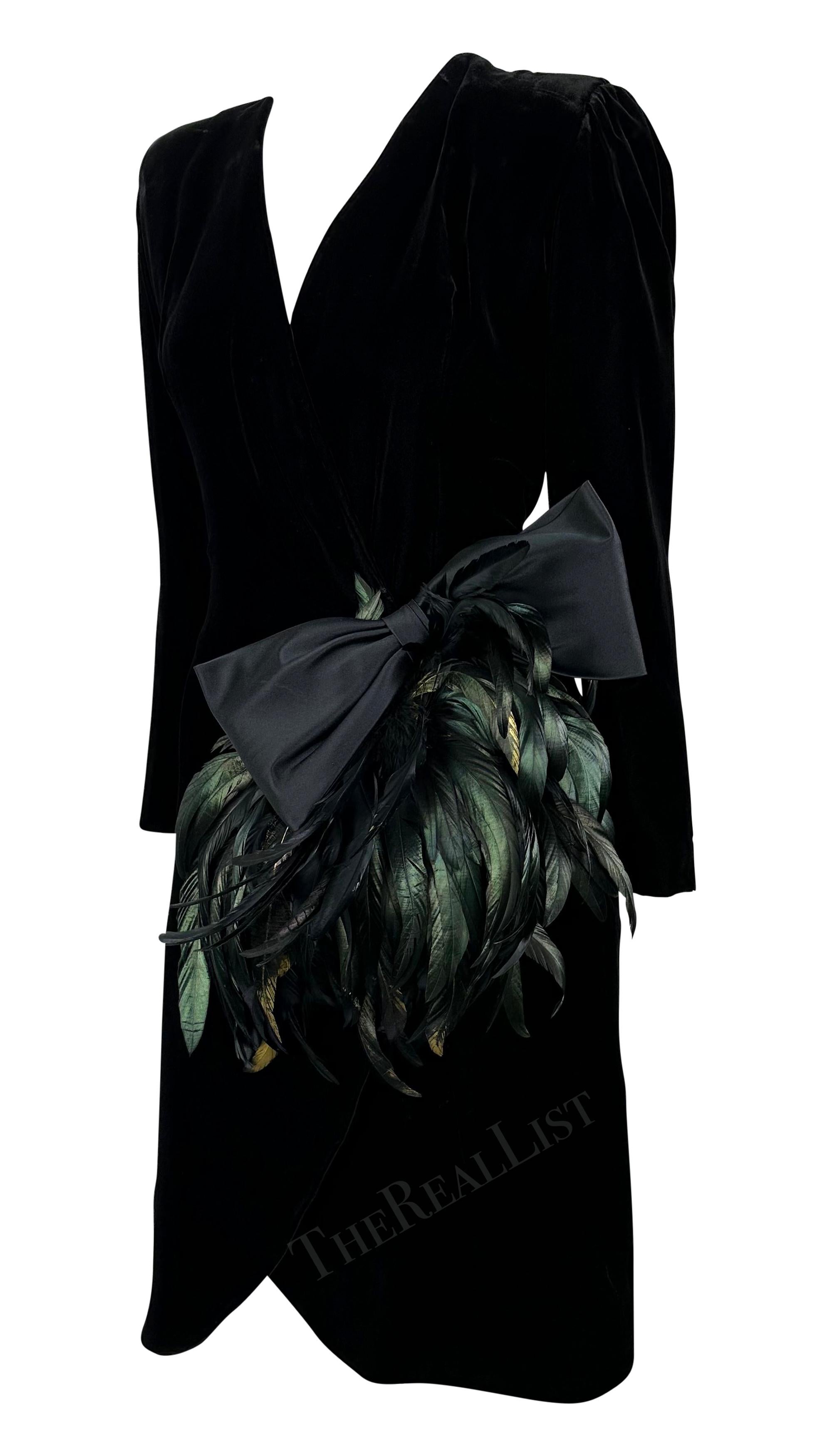 1980s Givenchy Plunging Black Velvet Feather Bow Wrap-Style Cocktail Dress In Excellent Condition For Sale In West Hollywood, CA