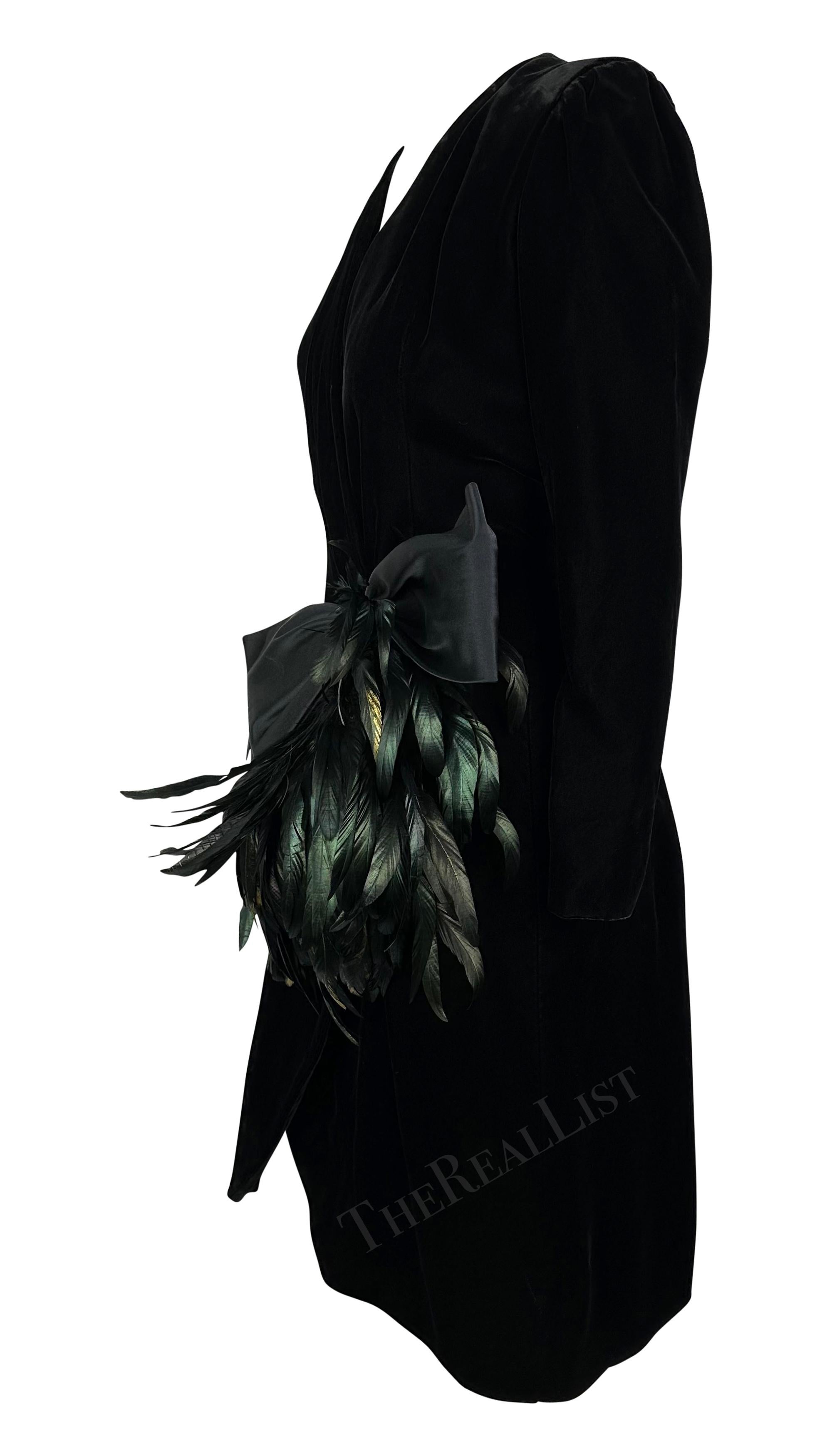 Women's 1980s Givenchy Plunging Black Velvet Feather Bow Wrap-Style Cocktail Dress For Sale