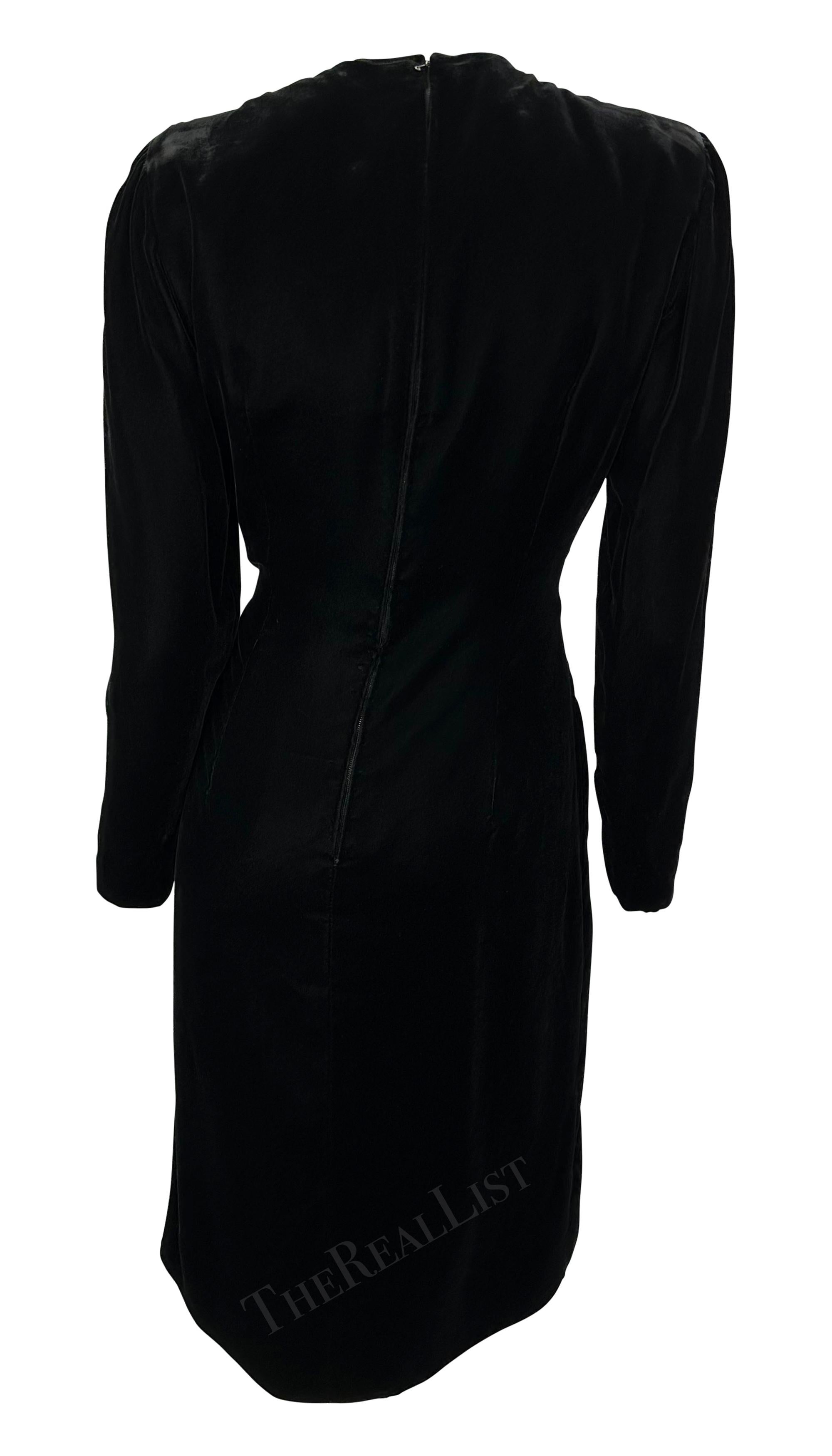 1980s Givenchy Plunging Black Velvet Feather Bow Wrap-Style Cocktail Dress For Sale 1