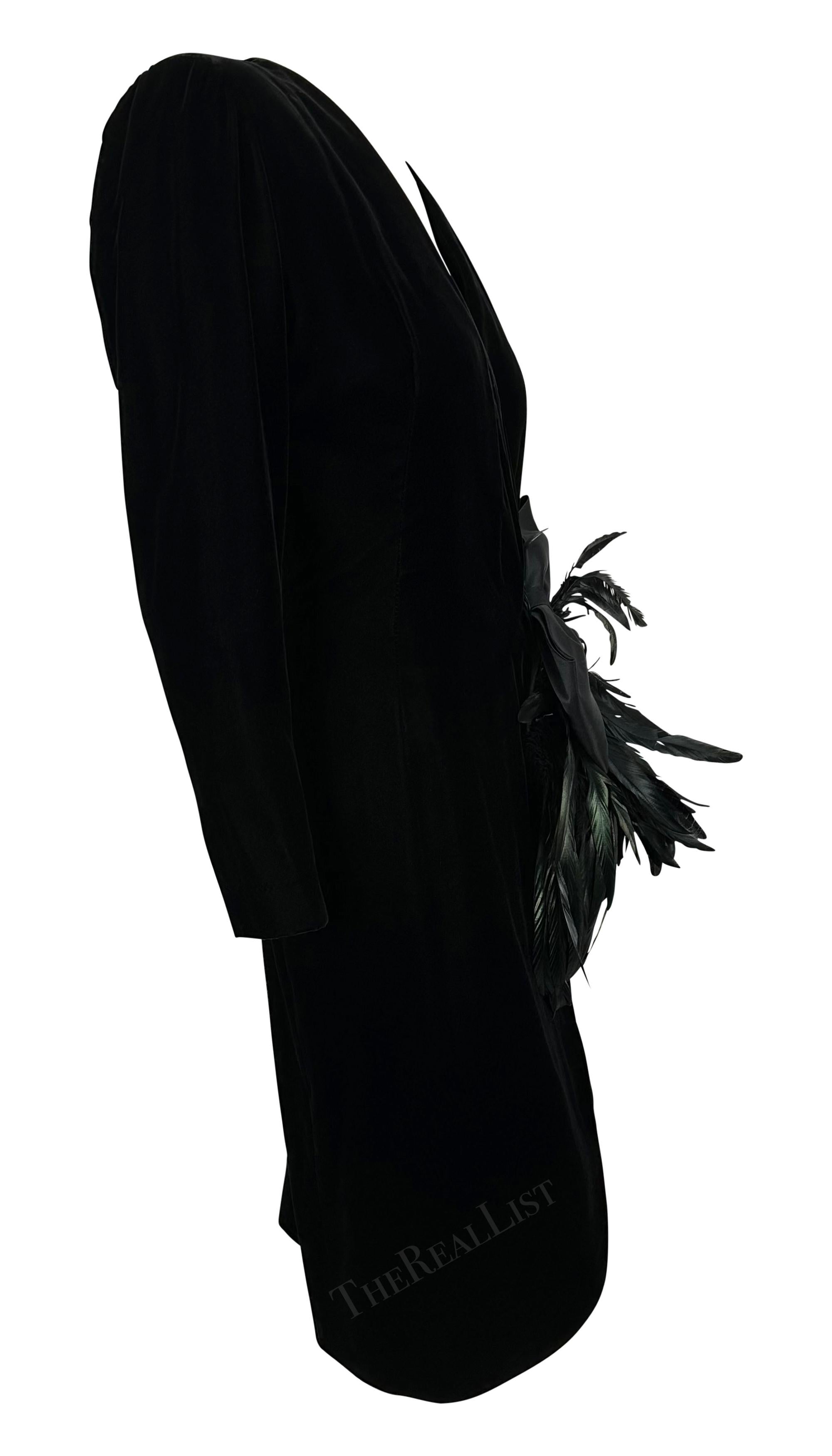 1980s Givenchy Plunging Black Velvet Feather Bow Wrap-Style Cocktail Dress For Sale 2