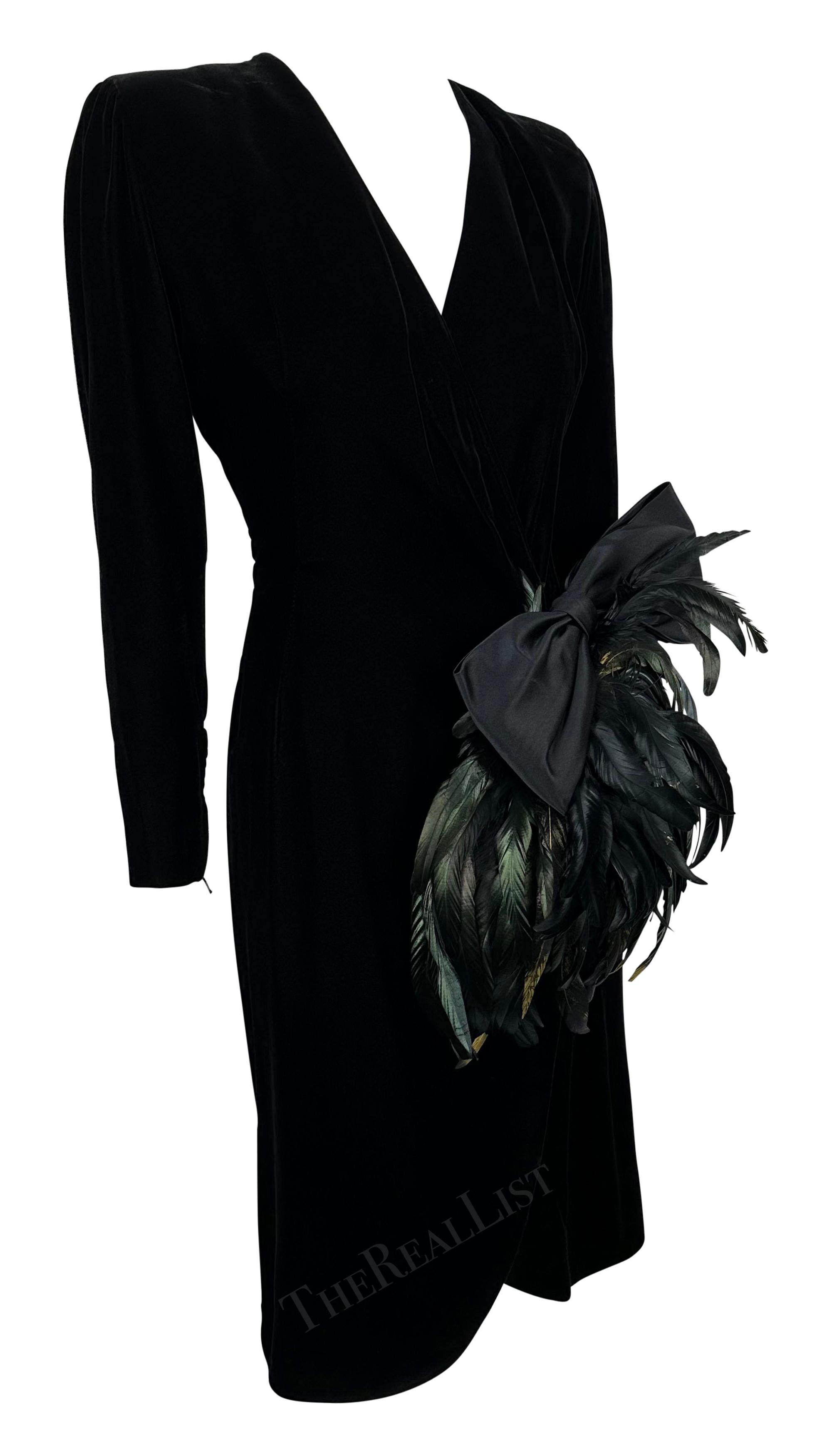 1980s Givenchy Plunging Black Velvet Feather Bow Wrap-Style Cocktail Dress For Sale 3